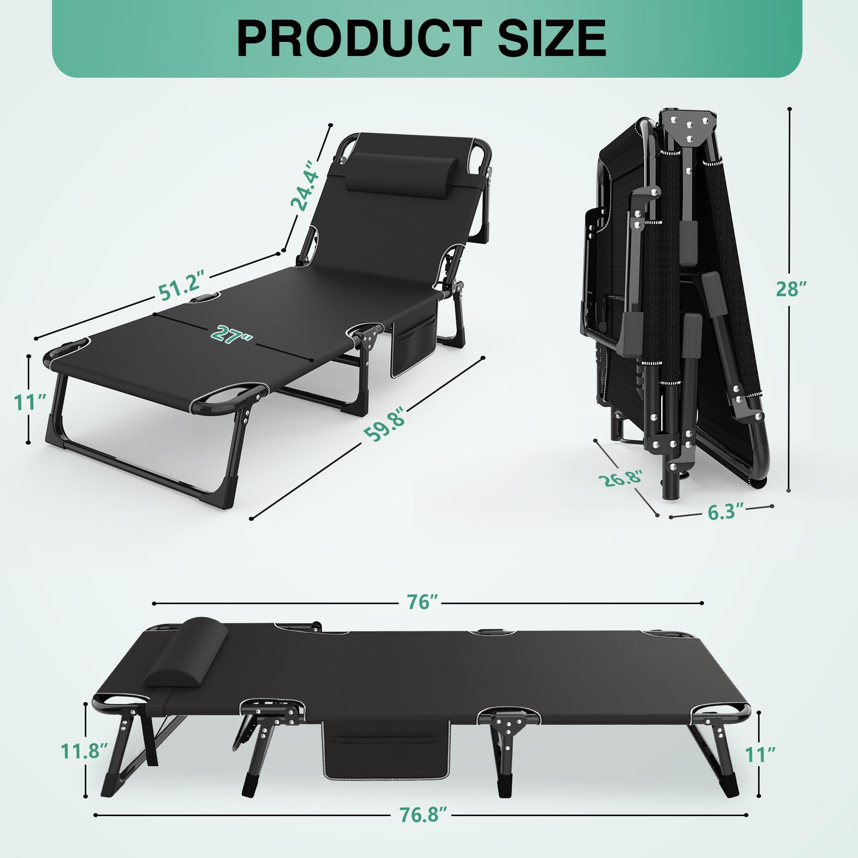 **Suteck Heavy Duty Folding Camping Cot - Adjustable 5+2 Position Recliner with Pillow & Carry Bag - Portable Outdoor Sleeping Bed for Camping, Travel, Beach, Pool, Patio, Home & Office Napping**    *(Ideal for camping trips, backyard relaxation, beach lounging, travel comfort, and quick naps at home or the office.)*