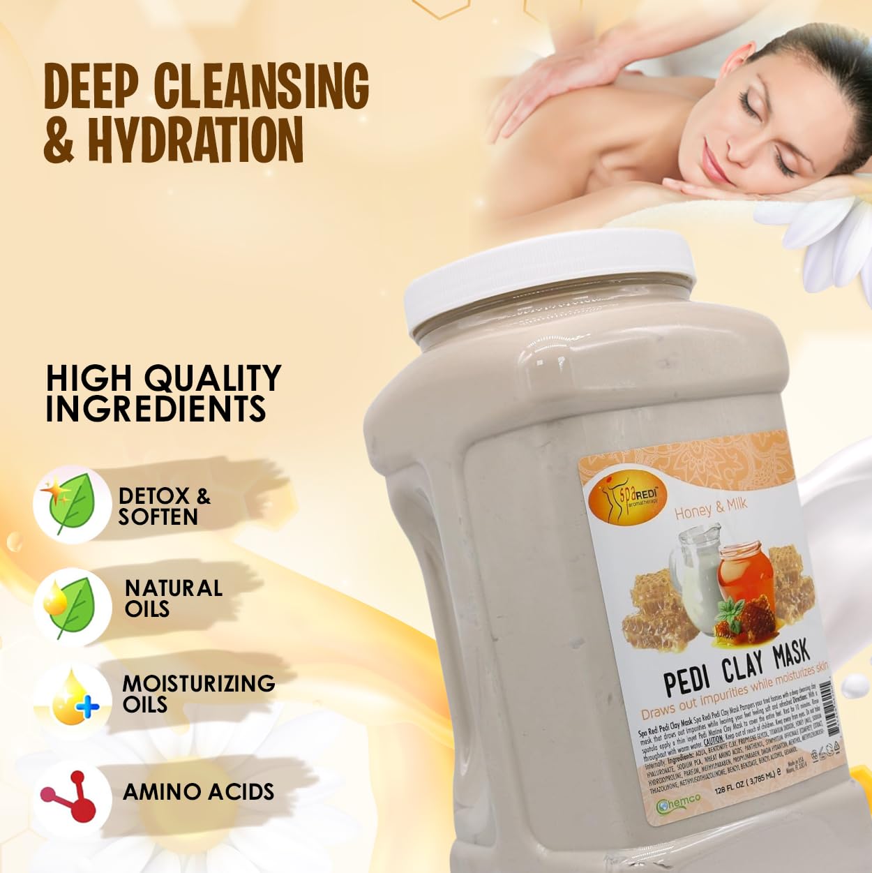 SPA REDI - Milk & Honey Clay Mask (128 Oz) - Deep Cleansing, Pore Purifying, Detoxifying & Hydrating Body Treatment - Perfect for Spa Days, At-Home Self Care & Post-Workout Skin Recovery
