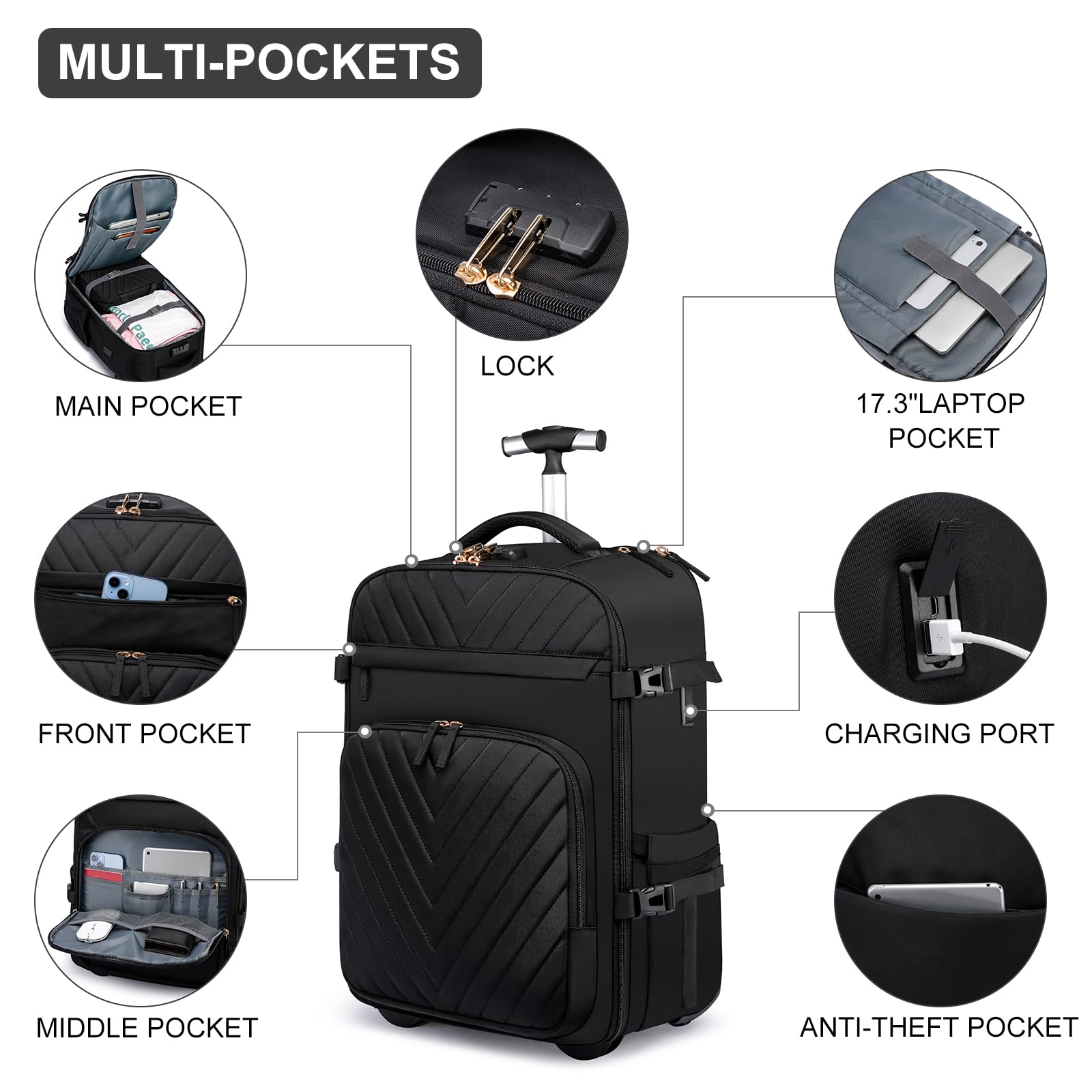Expandable Rolling Backpack for Men - USB Charging Port & Anti-Theft Lock, Waterproof Business Travel Laptop Backpack with 6 Compartments (Black) - Perfect for Air Travel, Commuting & Business Trips