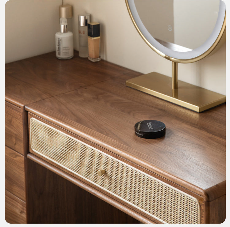 Premium Black Walnut Solid Wood Rattan Vanity Dressing Table - Elegant Makeup Desk with Mirror for Bedroom, Bathroom & Boudoir Organization