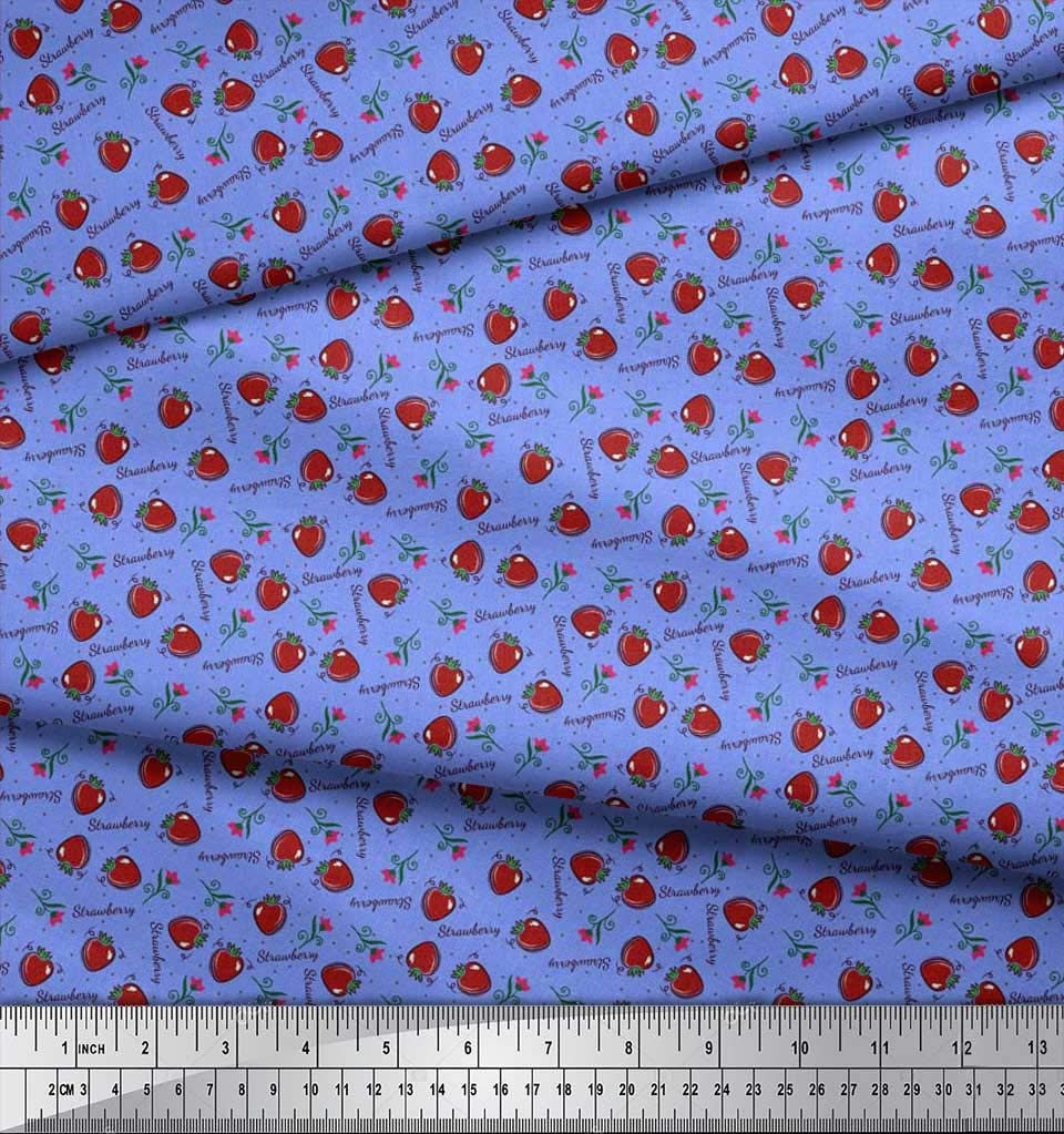Soimoi Blue Polyester Crepe Fabric by The Yard - 52 Inch Wide - Floral Strawberry Dot Print Material for Dresses, Skirts & DIY Craft Projects