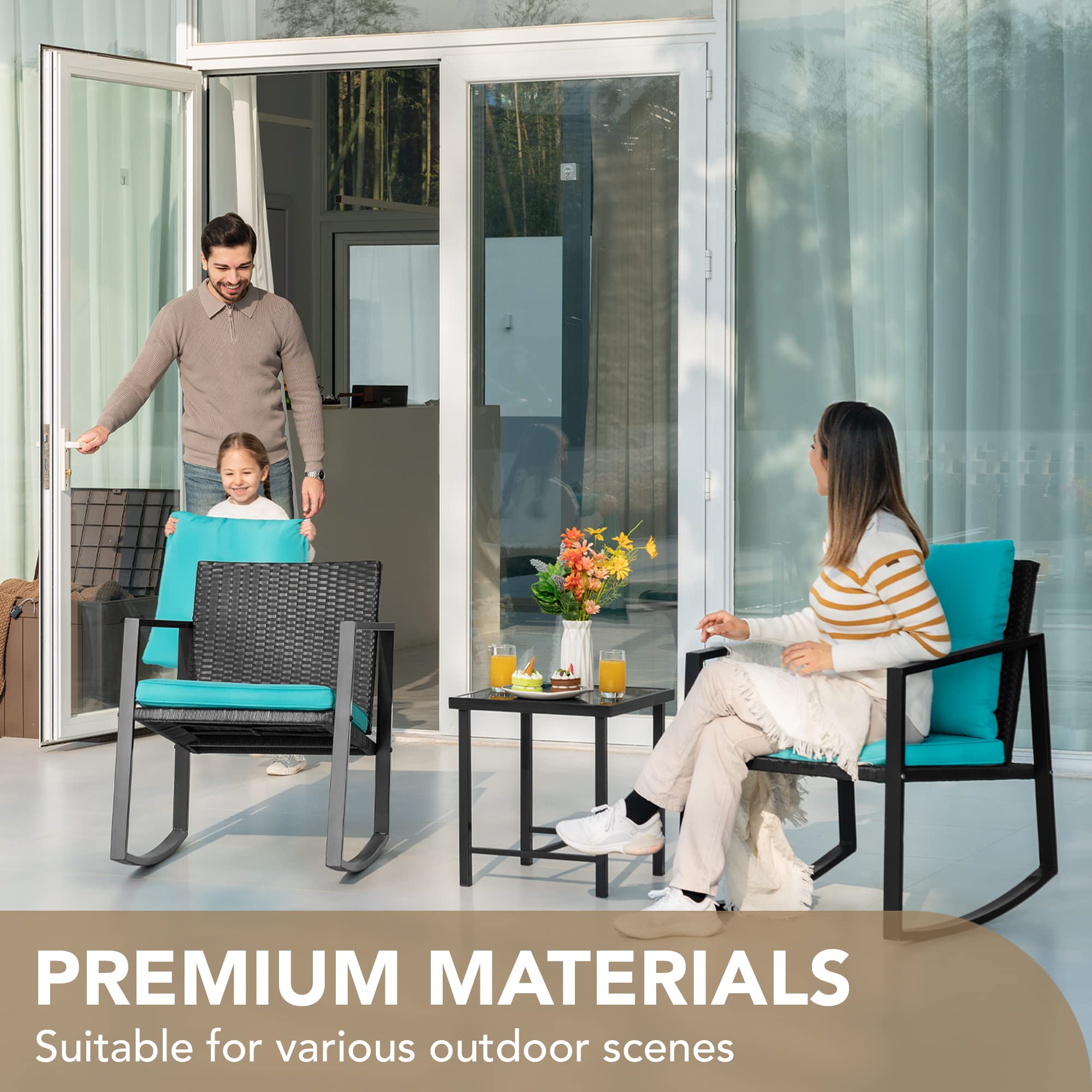 Devoko 3-Piece Wicker Patio Furniture Set - Outdoor Rocking Bistro Chairs with Glass Coffee Table for Porch, Garden & Backyard (Blue) | Perfect for Relaxing, Entertaining & Outdoor Dining
