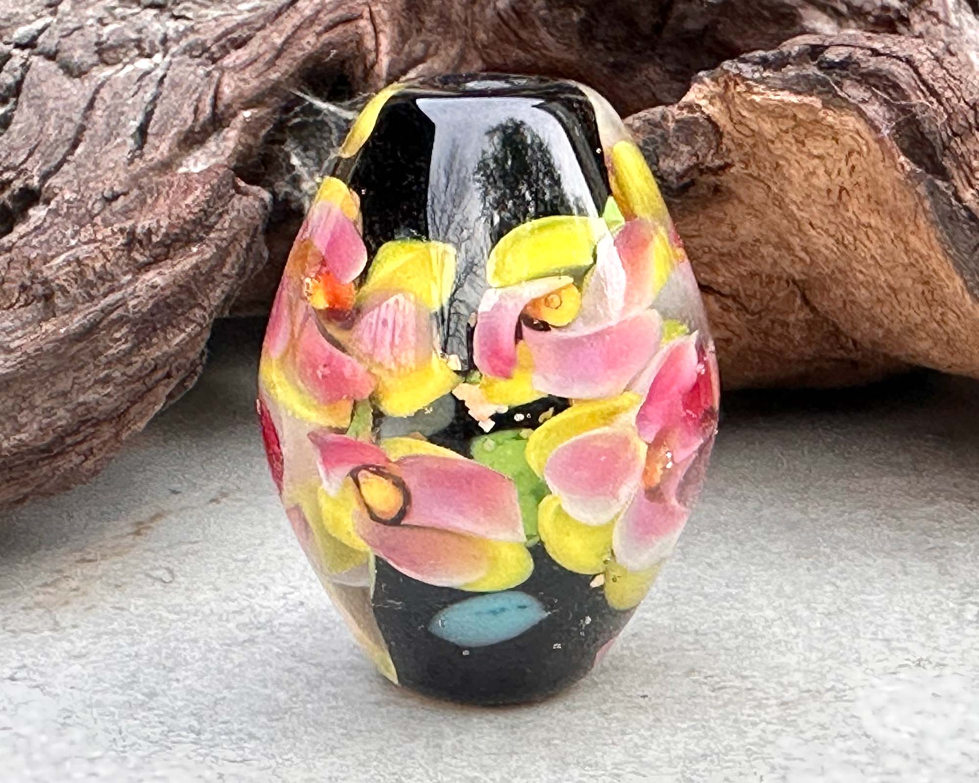 Handmade Yellow Pink Floral Lampwork Glass Focal Bead - SRA Certified Artisan Jewelry Component for Necklaces, Bracelets & DIY Crafting Projects