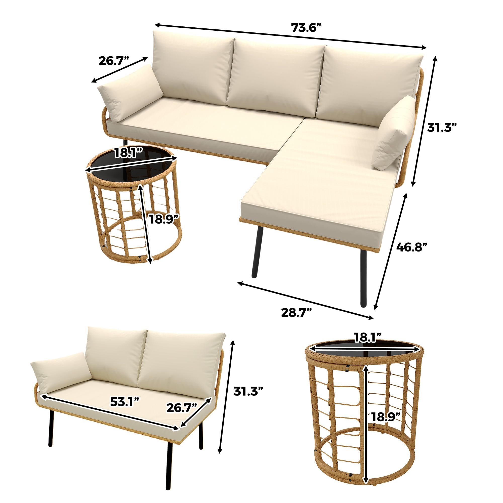 GARVEE 3-Piece All-Weather Wicker Patio Furniture Set - Outdoor L-Shaped Sectional Sofa with Washable Cushions & Tempered Glass Coffee Table - Perfect for Deck, Poolside, Backyard, Garden & Outdoor Lounge Areas