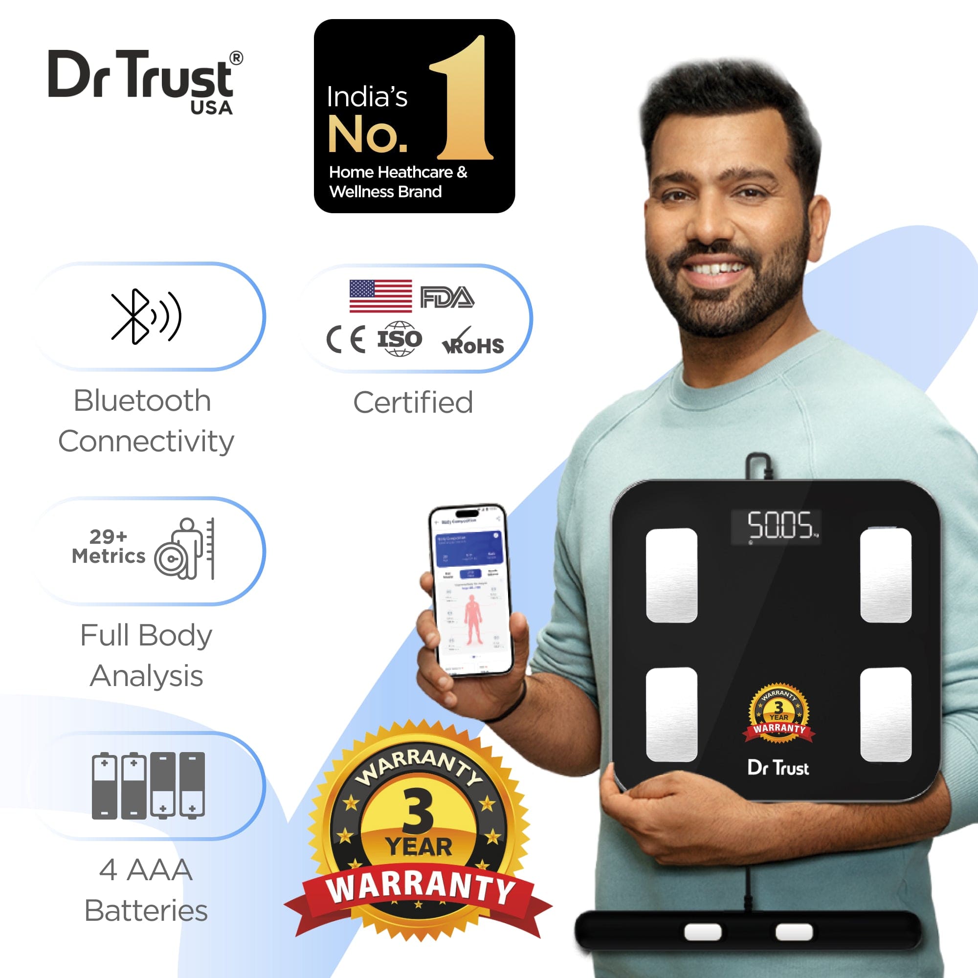Dr Trust USA 532 Digital Body Weight Scale with BMI & Body Fat Analyzer - 8 Electrode Smart Scale Syncs with iOS/Android App - Measures 29+ Health Metrics for Body Composition Analysis - Perfect for Home Health Monitoring & Fitness Tracking