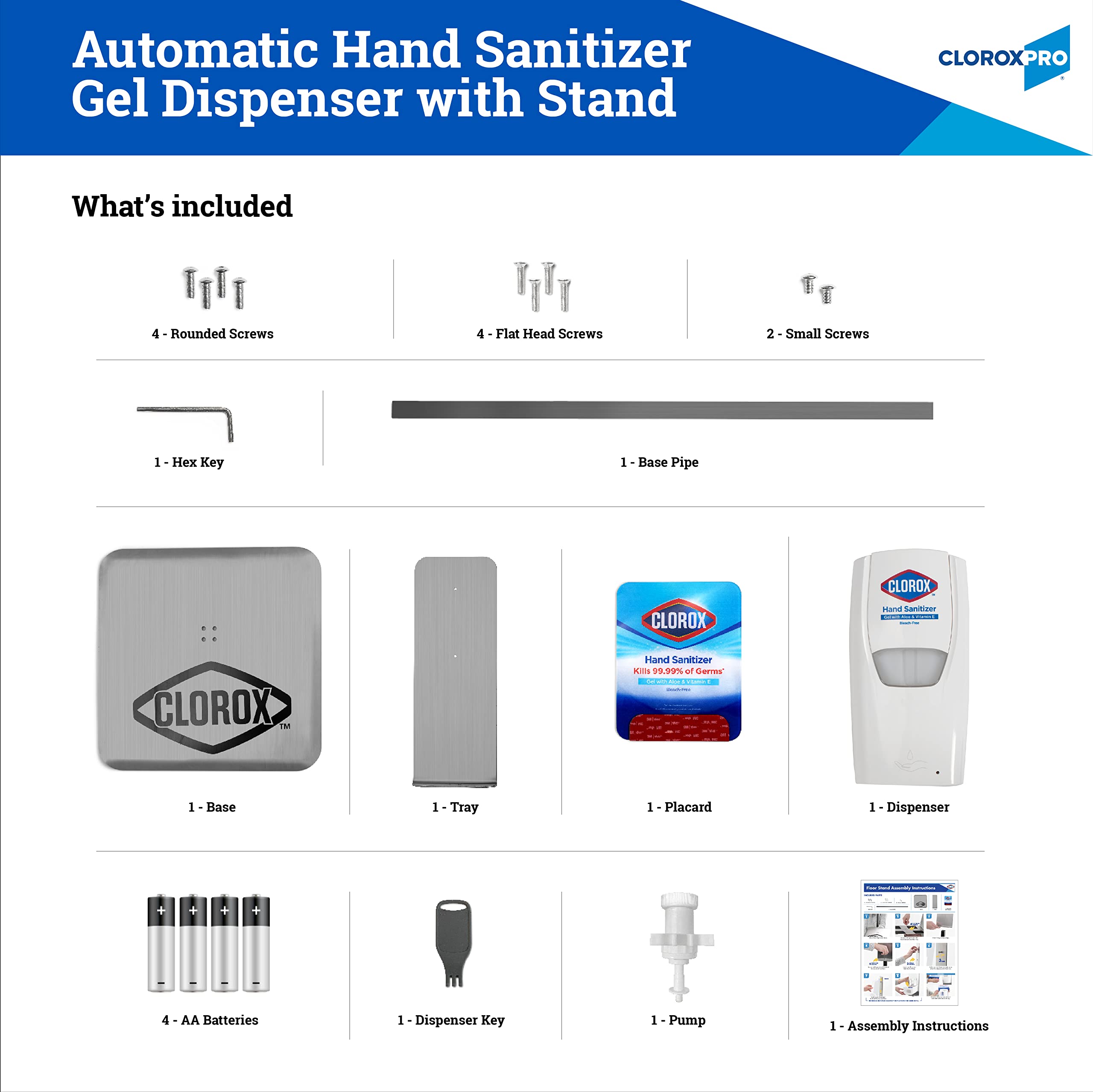 Clorox Pro Hand Sanitizer Gel Dispenser with Floor Stand - 1000mL Alcohol-Based Sanitizing Gel, Kills 99.999% Germs, Bleach-Free - Ideal for Offices, Schools, Hospitals & Commercial Spaces - Touchless Hygiene Solution for High-Traffic Areas