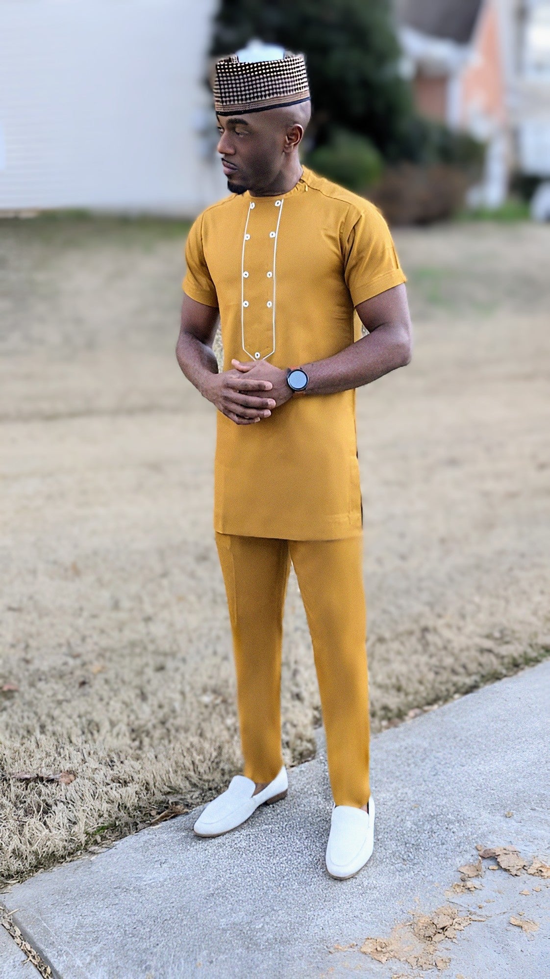 African Senator Dashiki Suit for Men - Gold & Ivory Embroidered Short Sleeve Shirt & Pants Set | Traditional Nigerian Attire for Weddings, Parties & Cultural Events | Dupsie's Obaoluwa Collection DPASGITP
