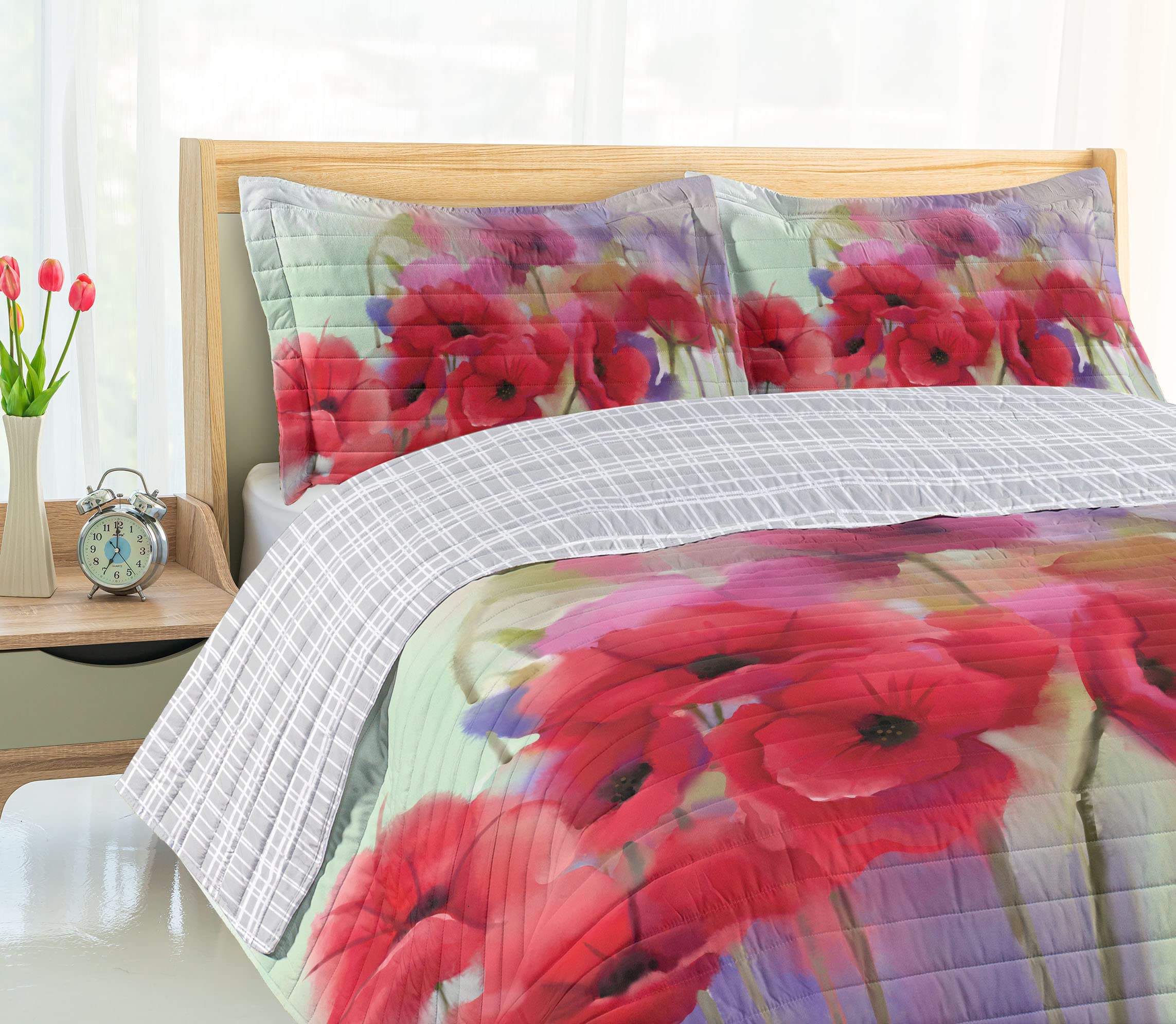Ambesonne Reversible King Size Bedspread Set - Poppy Flowers Spring Floral Print Microfiber Comforter with Pillow Shams (Lavender Red) | Romantic Bedroom Decor, Seasonal Home Upgrade