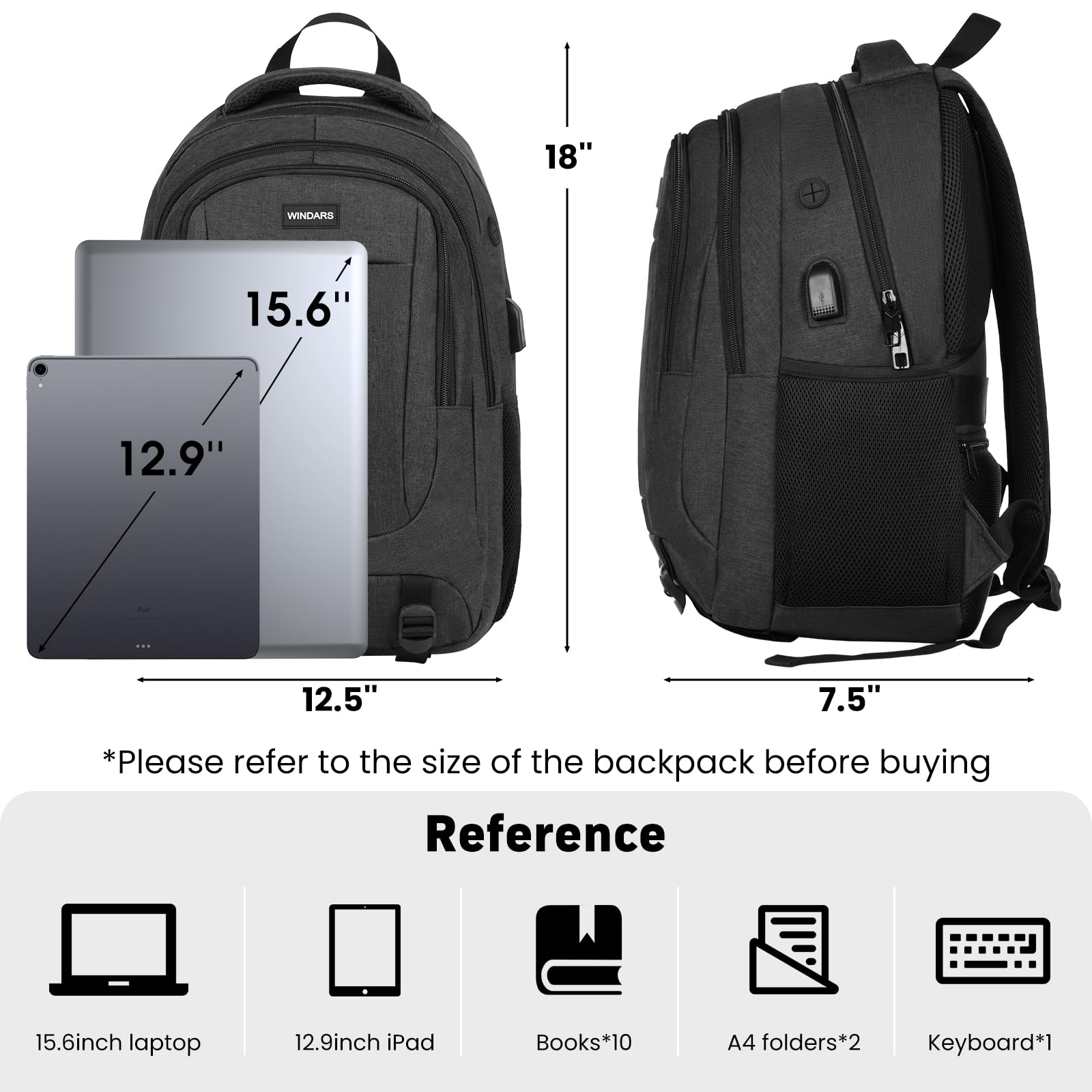 Durable 15.6 Inch Laptop Backpack for Men & Women - USB Charging Port, College Bookbag for School, Business, Work & Travel - Perfect for Students, Professionals & Commuters (Black)
