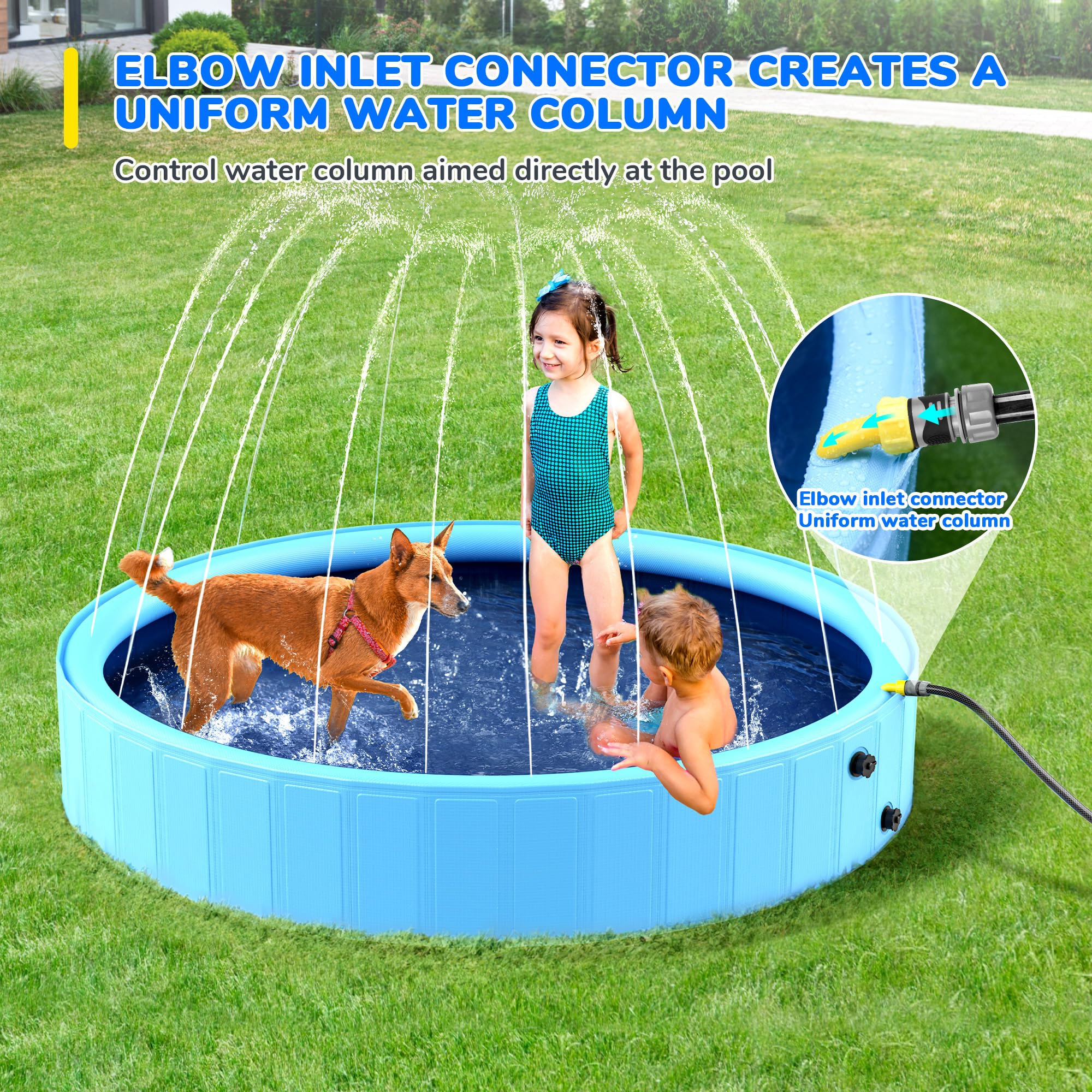 71'' Foldable Dog Pool for Large Dogs - Non-Slip Kids Swimming Pool with Sprinkler | Heavy Duty Hard Plastic Kiddie Splash Pad for Backyard Fun (Blue) | Perfect for Summer Playtime, Pet Bathing & Outdoor Water Activities