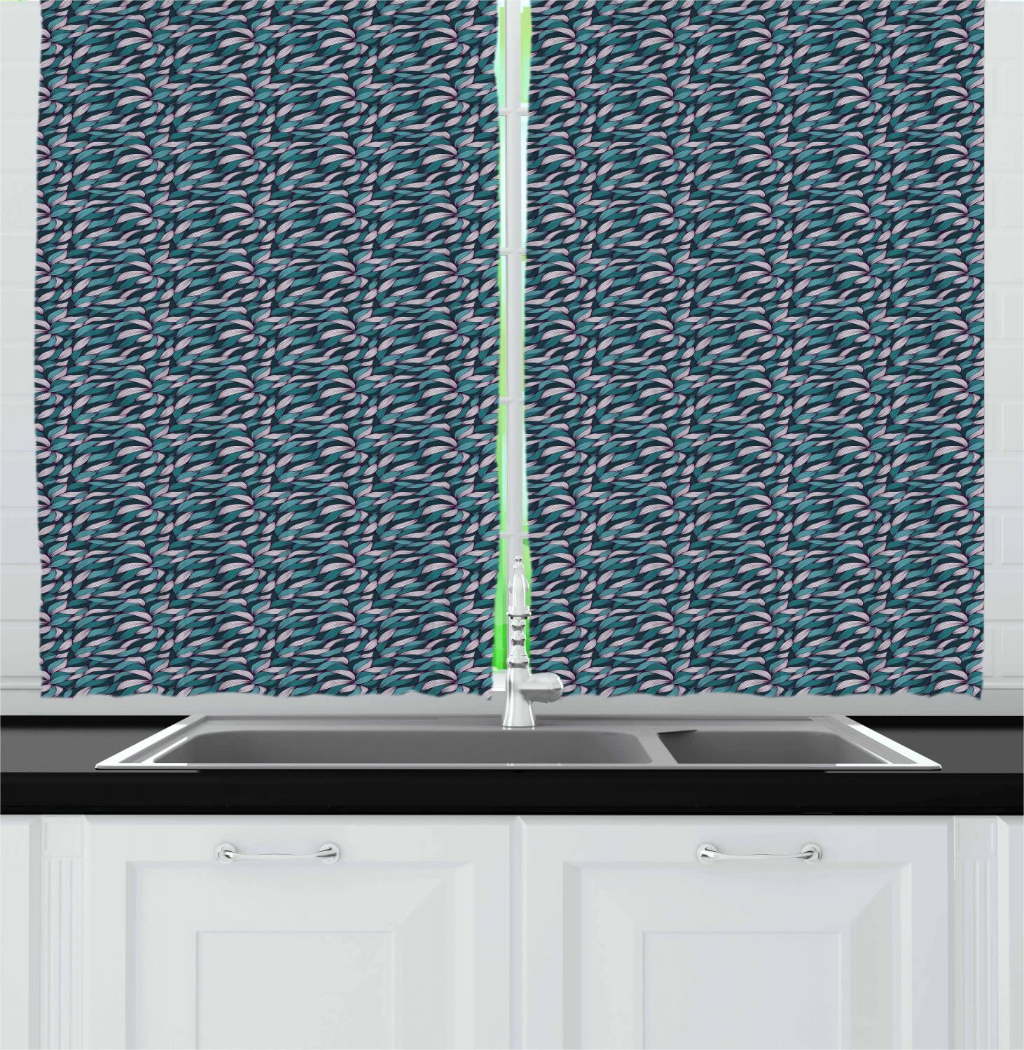 Ambesonne Abstract Long Kitchen Curtains - Modern Line Pattern Drapes with Rod Pocket, 55x45 Inches, Teal Violet White - Perfect for Windows, Dining Room & Contemporary Home Decor