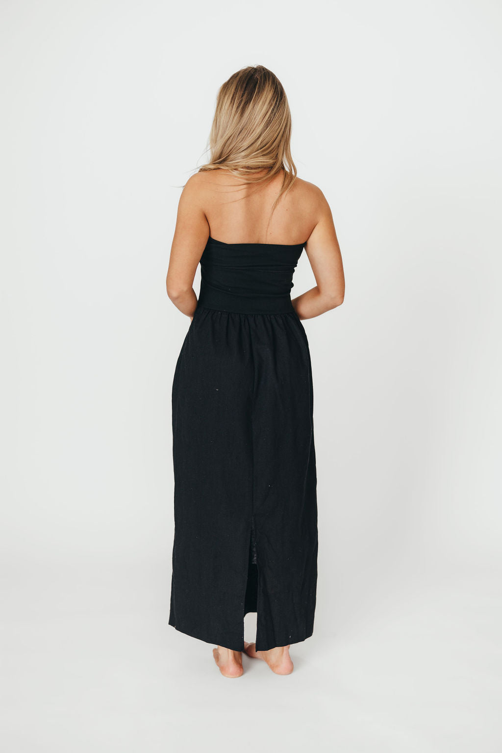 Kaylee Black Linen and Ribbed Knit Maxi Dress - Elegant Long Dress for Summer, Beach, and Casual Outings
