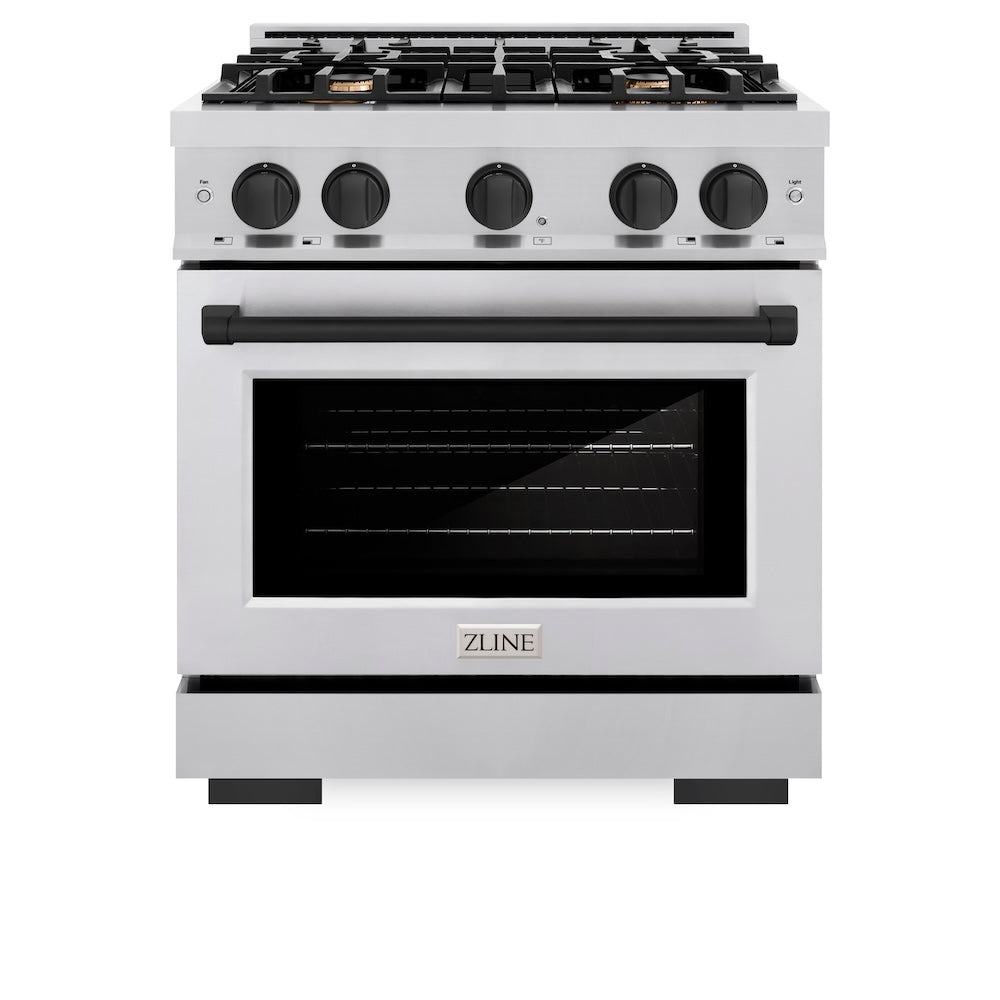 ZLINE Autograph Edition 30-inch 4.2 cu. ft. Gas Range with 4 Burner Cooktop & Convection Oven - Stainless Steel with Matte Black Accents (HGRZ 30 MB) - Perfect for Modern Kitchens and Professional Cooking