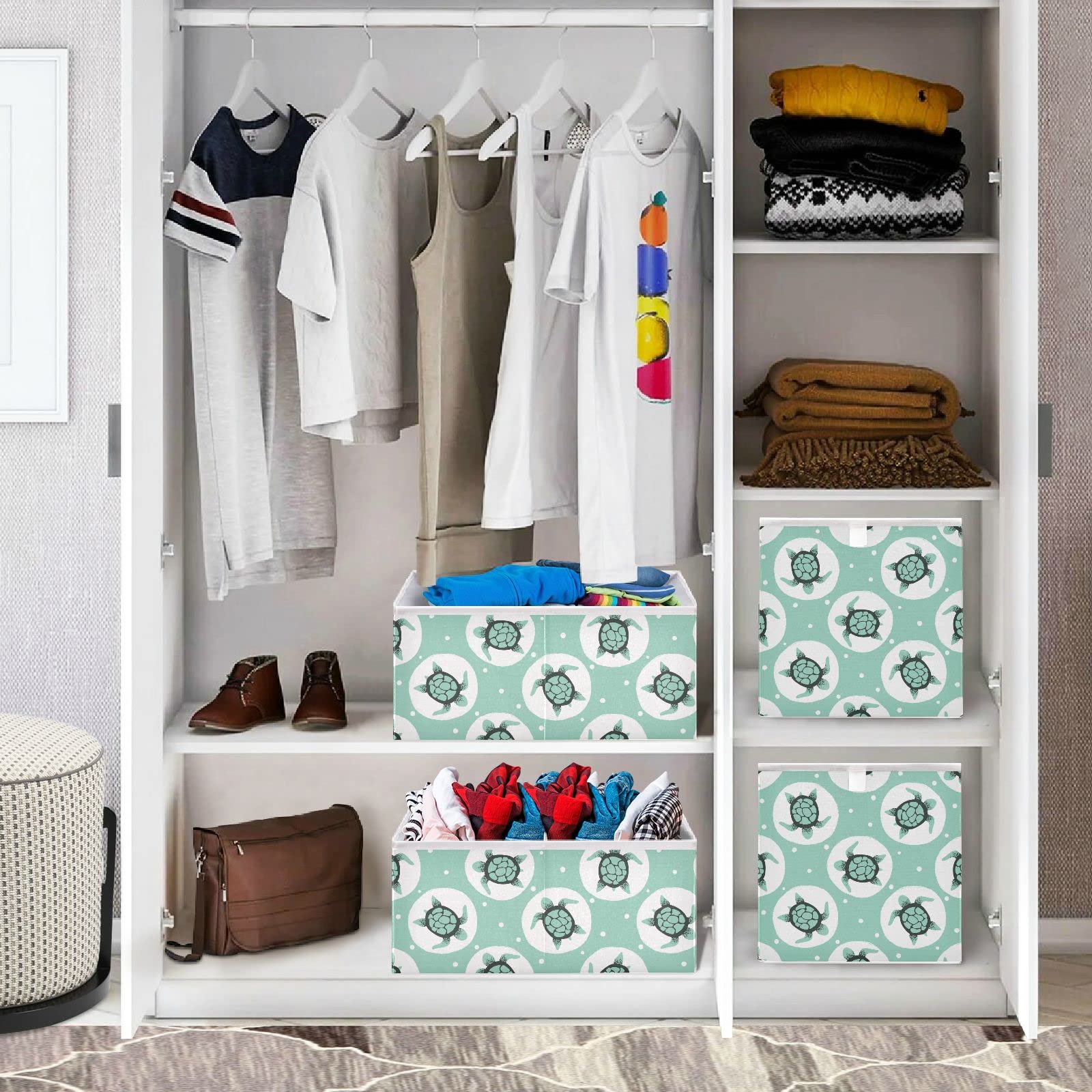 Ollabaky Cute Sea Turtle Foldable Storage Cube Bin - Canvas Cloth Organizer Box with Handle for Closet, Nursery, Shelves & Toy Storage - Perfect for Kids' Room, Playroom & Home Organization