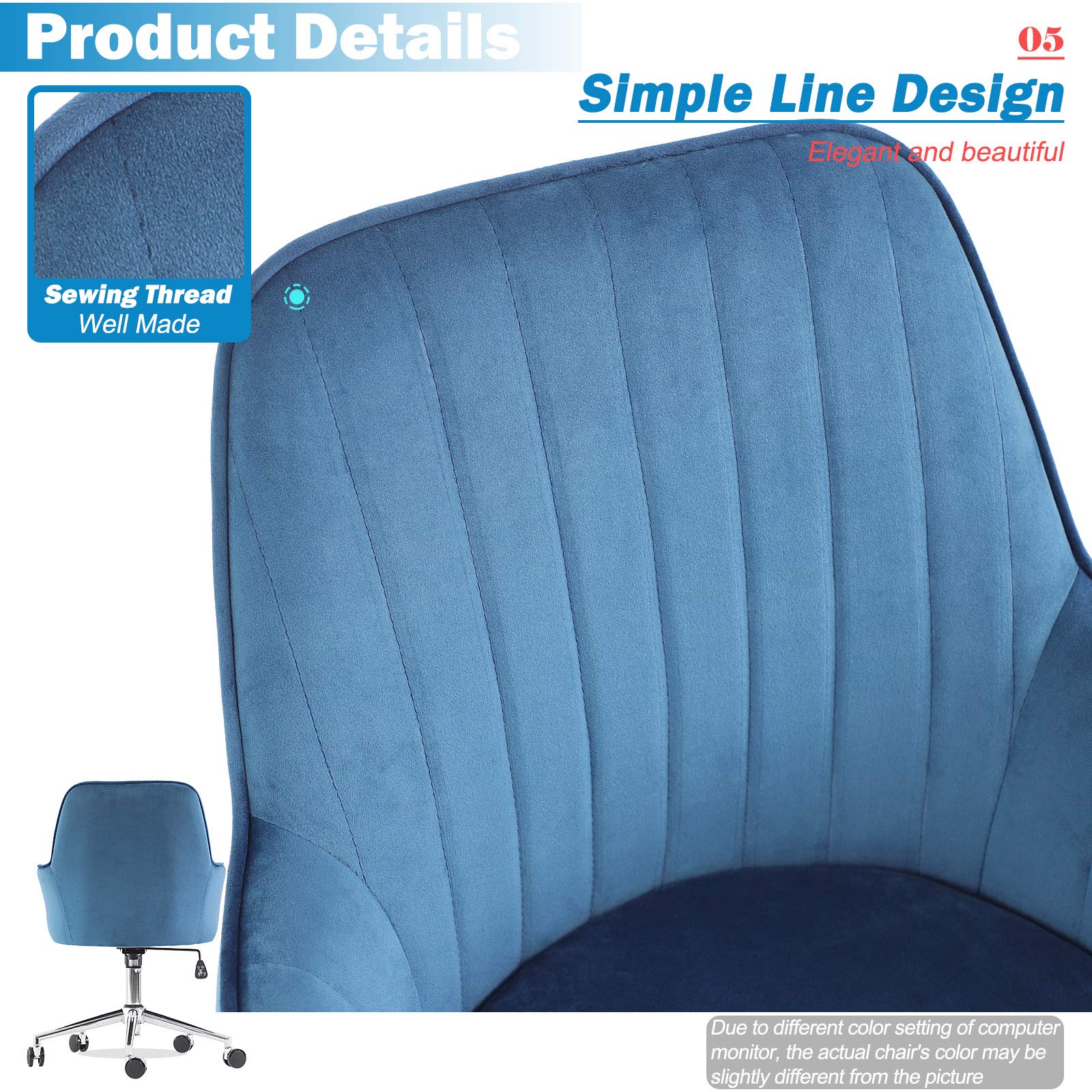 Jacky Home Velvet Office Desk Chair - Mid-Back Ergonomic Computer Chair with Adjustable Height, 360° Swivel & Wheels - Modern Upholstered Task Chair with Arms for Home Office, Study, Living Room & Bedroom (Blue) - Perfect for Remote Work, Gaming & Relaxation