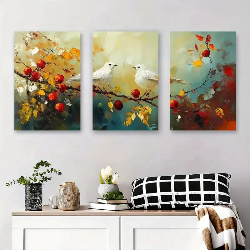 3-Piece Abstract Bird and Apple Blossom Metal Wall Art - Ready to Hang Modern Home Decor for Living Room, Bedroom, Office & Gifts