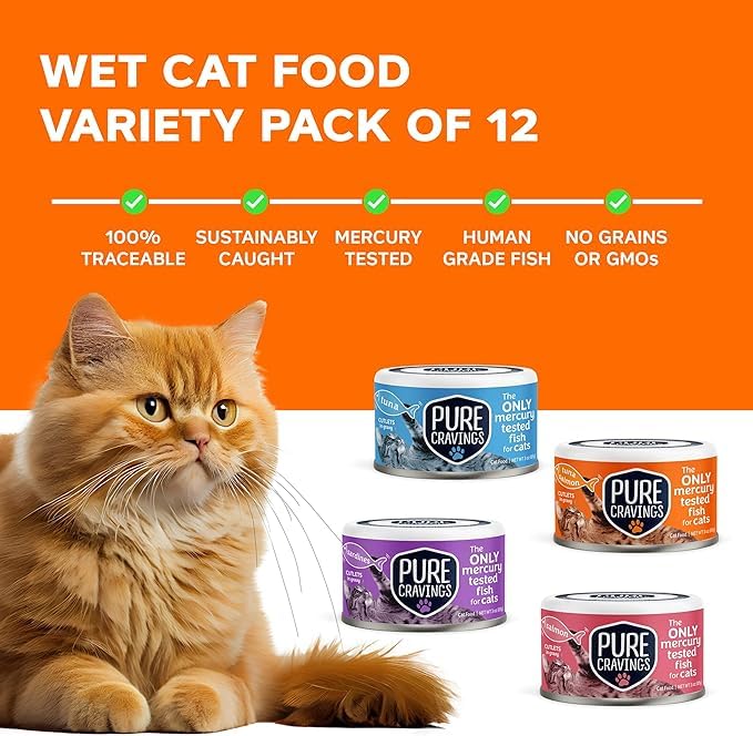 Premium Grain-Free Wet Cat Food Variety Pack - Tuna, Salmon & Sardines in Gravy | 100% Mercury-Tested, High Protein, Non-GMO Cat Food | 12-Pack for Adult & Senior Cats | Perfect for Mealtime, Travel & Picky Eaters