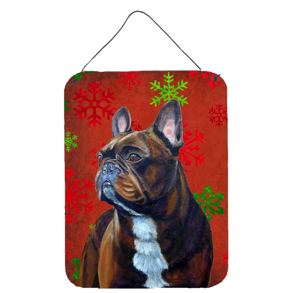 French Bulldog Red & Green Snowflakes Holiday Metal Wall Sign - Christmas Door Hanging Decor for Kitchen, Bathroom, Bar & Front Door | Festive Home Décor for Holidays & Winter Season