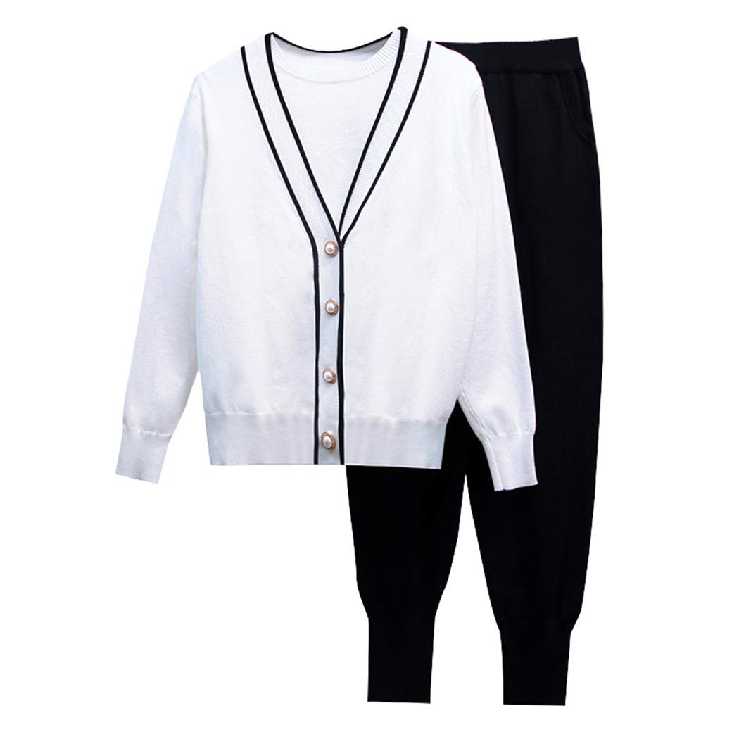 Winter Women's Fashion Pearl Button T-Shirt Patchwork Knitted Cardigan Coat Pants 3-Piece Outfit Set - Cozy Winter Wear for Office, Dating & Casual Outings