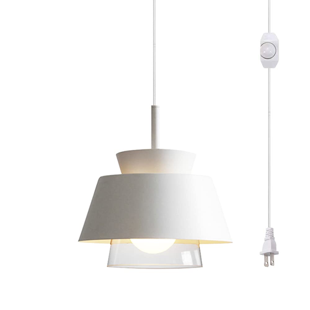 Plug-in Hanging Swag Lamp with 20ft Cord & UL Dimmer Switch - No Wiring Needed Glass Pendant Light, Macaron White (Bulbs Not Included) | Perfect for Dining Room, Bedroom, or Kitchen Decor - Nordic Style Iron Fixture with On/Off Dimmer