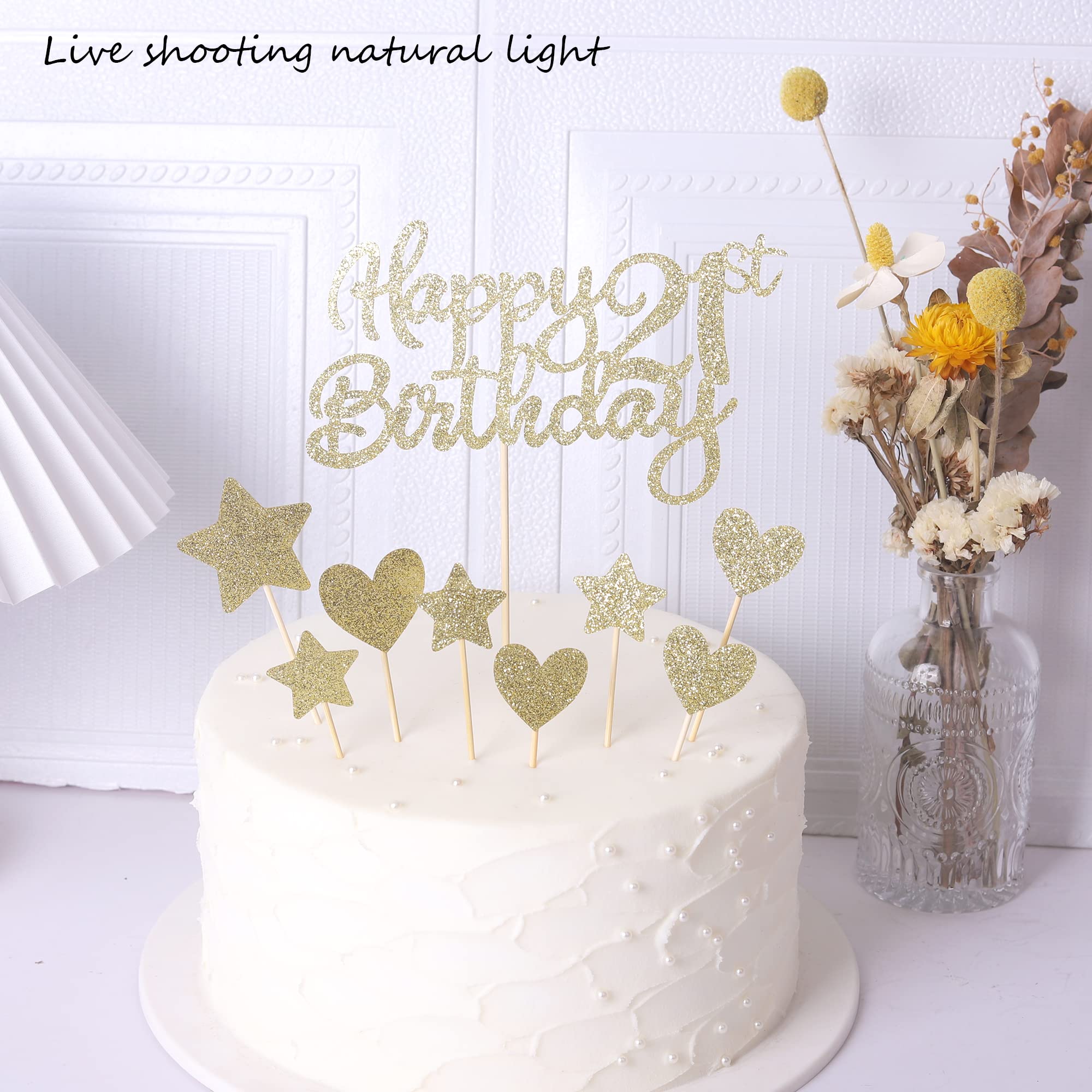 Rsstarxi 9 Pack Happy 21st Birthday Cake Toppers Set - Glitter Heart & Star Cupcake Toppers, Cheers to 21 Years Cake Picks Decorations for 21st Birthday Party | Perfect for Anniversary Celebrations, Milestone Parties & Festive Gatherings