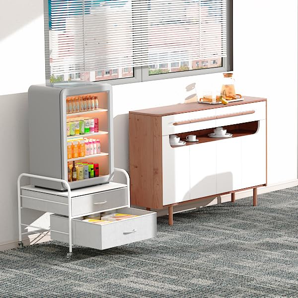EazeHome Mini Fridge Stand with Storage - 2 Drawer Fridge Cart Organizer with Metal Frame & 4 Swivel Wheels - Compact Appliance Table for Dorm, Bedroom, Office or Kitchen (White)