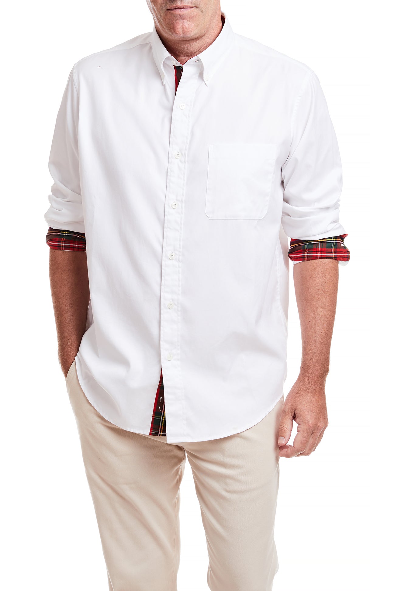 Men's White Oxford Shirt with Royal Stewart Tartan Trim - Classic Button Down Dress Shirt for Business Casual & Formal Occasions