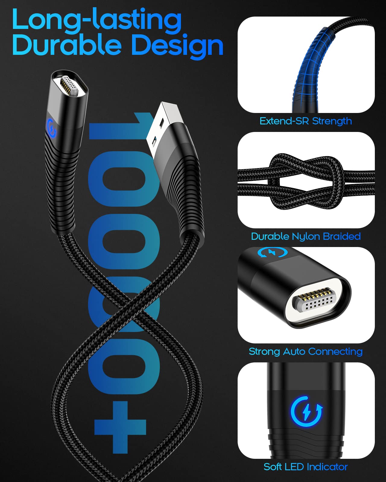 YKZ 3-in-1 Magnetic Charging Cable - Fast 15W USB-C/Micro USB/Lightning Cable with 12 Adapter Tips, Nylon Braided Durable Charger for iPhone 15/14/13/12, Samsung Galaxy, iPad & More (4-Pack: 1M+1M+2M+2M) - Perfect for Home, Office & Travel Charging