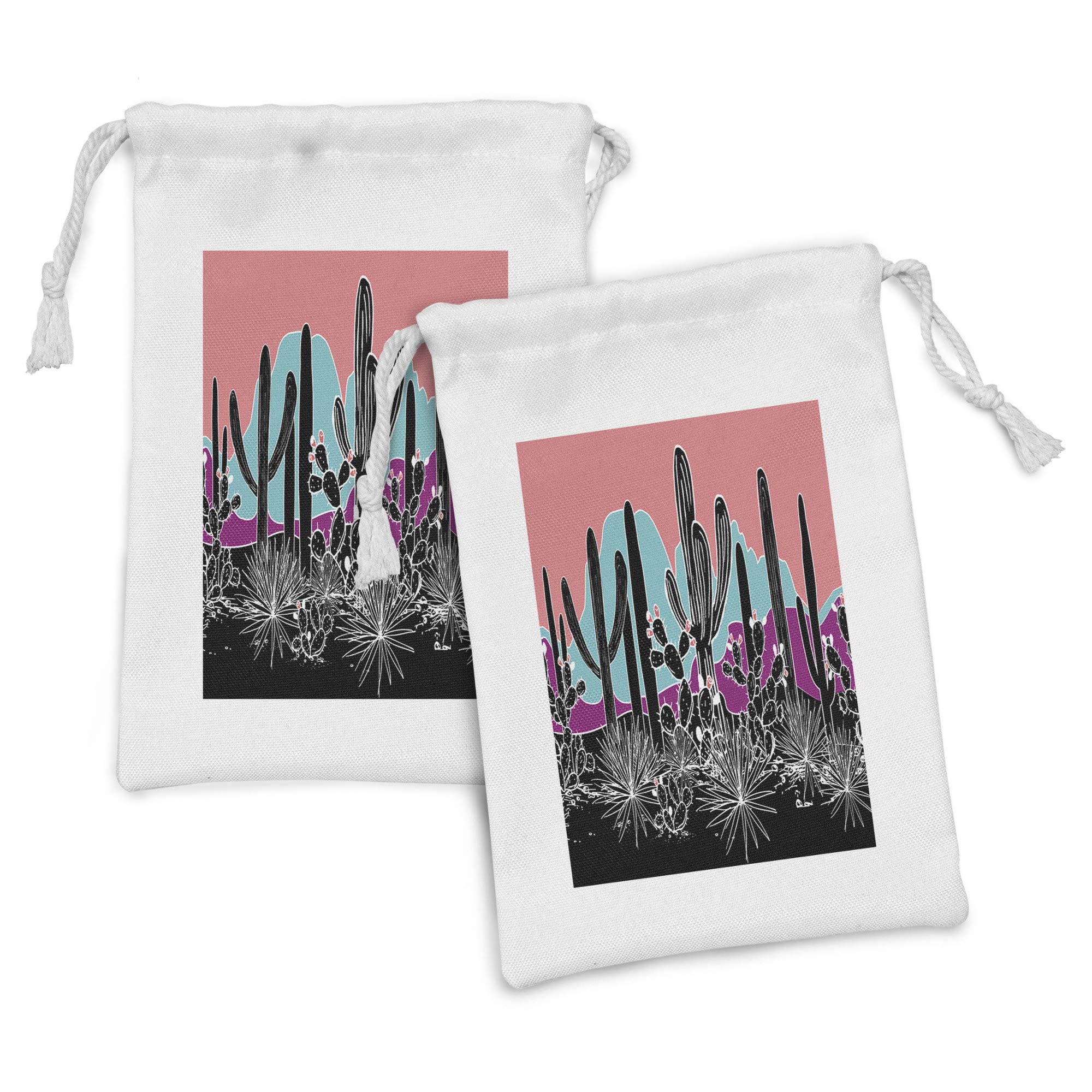 Ambesonne 2-Pack Fabric Drawstring Pouches - Retro Cacti & Mountain Landscape Design, 9