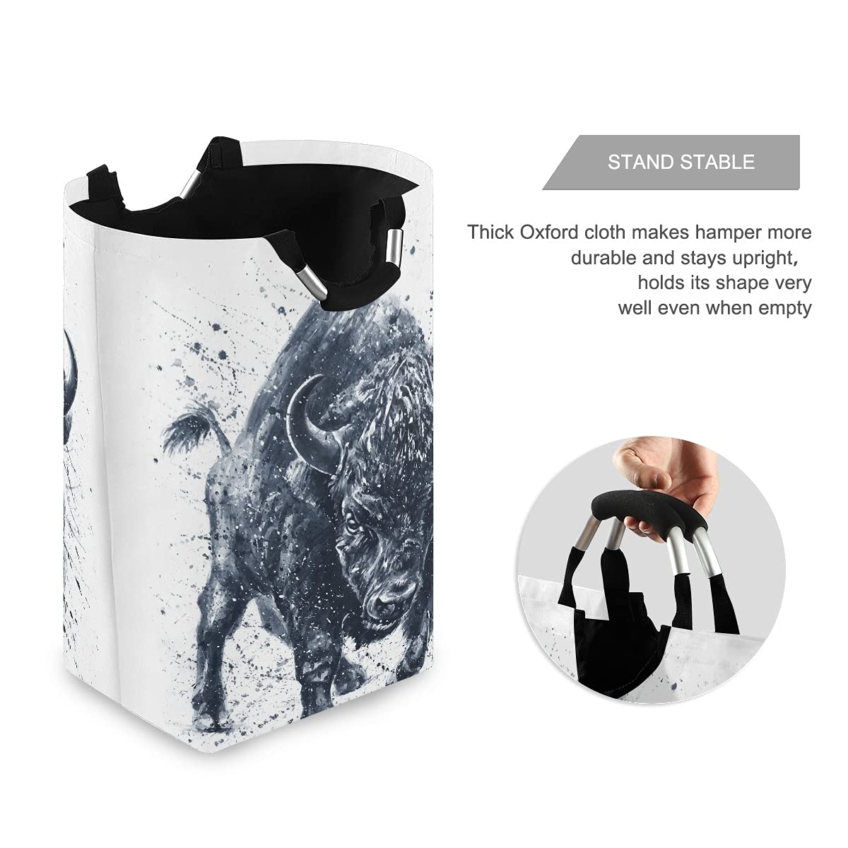 DOMIKING Collapsible Laundry Basket with Handle - Foldable Clothes Hamper Organizer for Kids Room, Dorm, Nursery | Buffalo Animal Design for Dirty Clothes & Toys Storage | Perfect for Home, Bedroom, College Dorm Organization