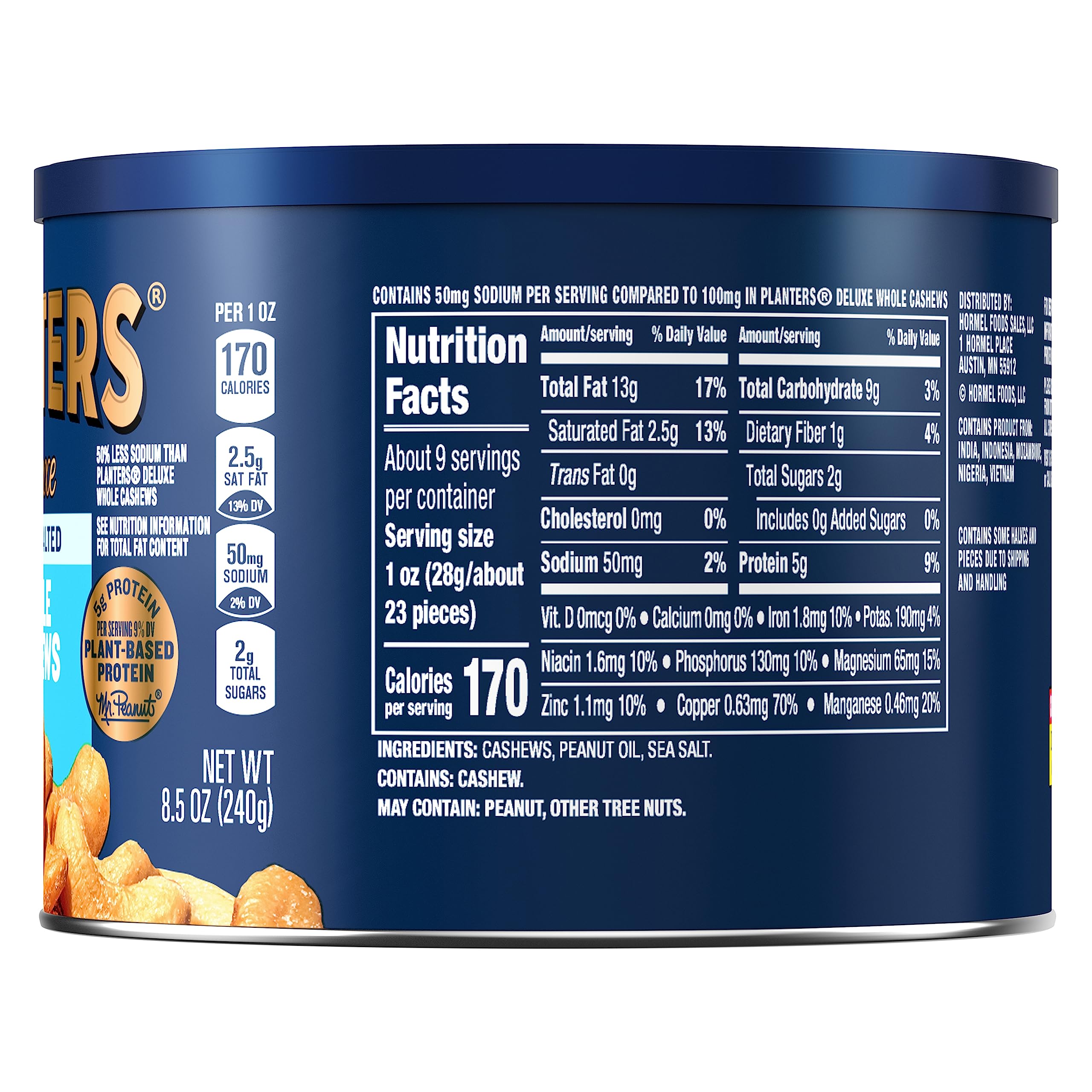 Planters Lightly Salted Whole Cashews (8.5 oz Canister) - Premium Quality Unsalted Cashew Nuts for Snacking, Baking & Cooking - Perfect for Office Snacks, Trail Mix & Healthy Recipes