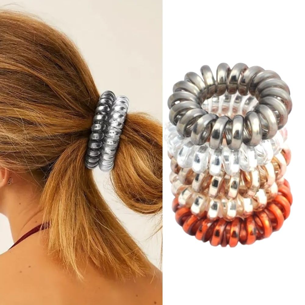 **5 Pack Spiral Hair Ties - Colorful Elastic Ponytail Holders, No-Slip Rubber Bands for Women & Girls - Perfect for Workouts, School, and Everyday Styling**
