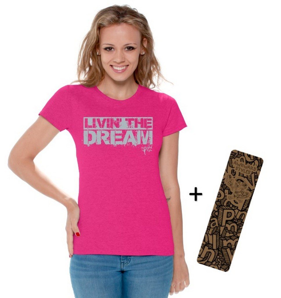 Awkwardstyles Women's Livin' The Dream Graphic T-Shirt - Soft Cotton Gray Slogan Tee with Free Bookmark - Casual Outfit & Gift for Book Lovers