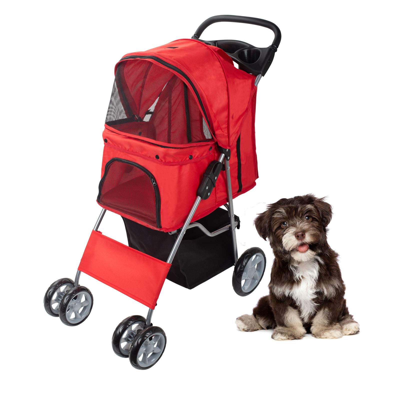 4-Wheel Folding Pet Stroller for Cats & Dogs - Lightweight Travel Carrier with Smooth Ride (Red) | Perfect for Jogging, Shopping & Outdoor Adventures