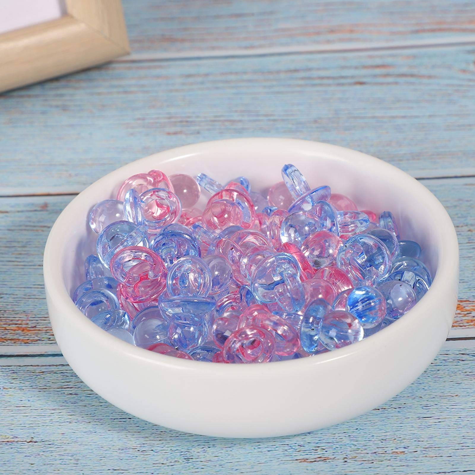 100Pcs Acrylic Pacifier Clips - Baby Shower Favors, Birthday Party Decorations, Baptism Gifts & Soothing Mini Pacifier Toys (Transparent + Blue) - Perfect for Newborn Essentials, Baby Registry & Nursery Decor