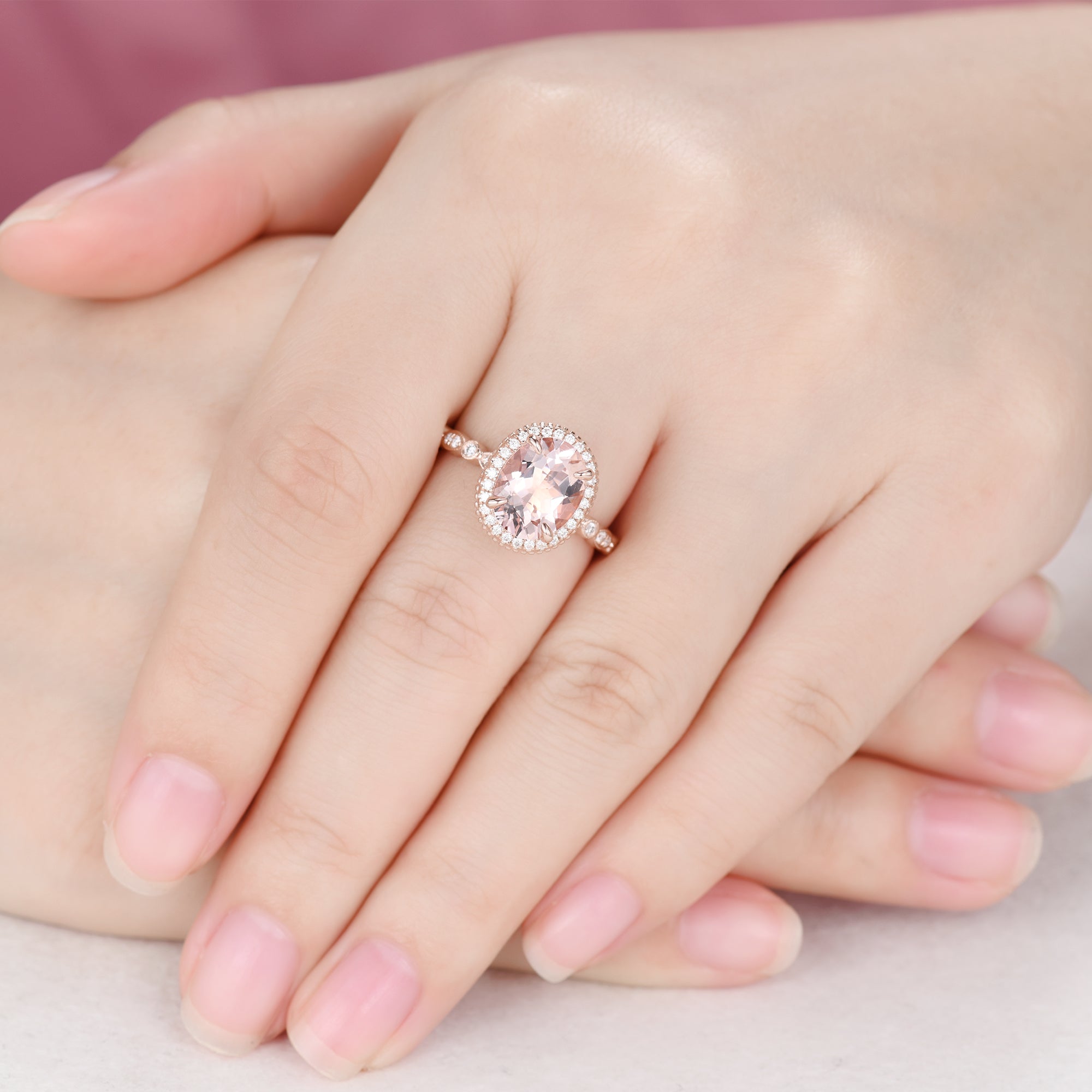 Vintage Peach Morganite Engagement Ring with Hidden Halo - 8x10mm Oval Cut Rose Gold Art Deco Style Ring for Wedding, Proposal & Anniversary Gifts