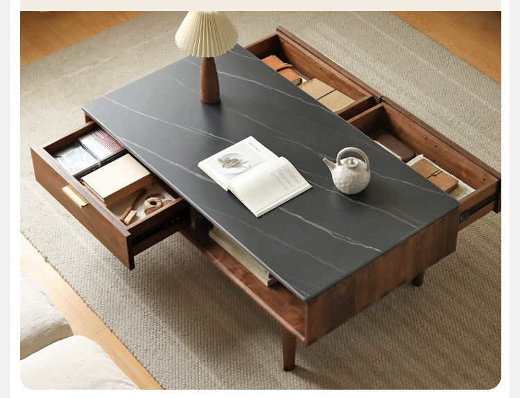 Solid Black Walnut Wood Storage Coffee Table with Rock Plate - Rustic Living Room Furniture for Home Decor & Organization