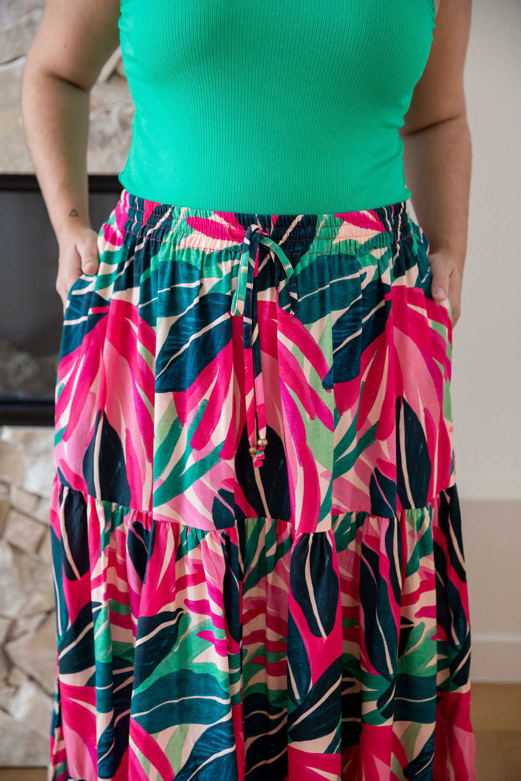 Carrie Skirt in Jungle Pink - Women's Floral A-Line Midi Skirt with Pockets | Perfect for Spring Outfits, Office Wear & Casual Dates