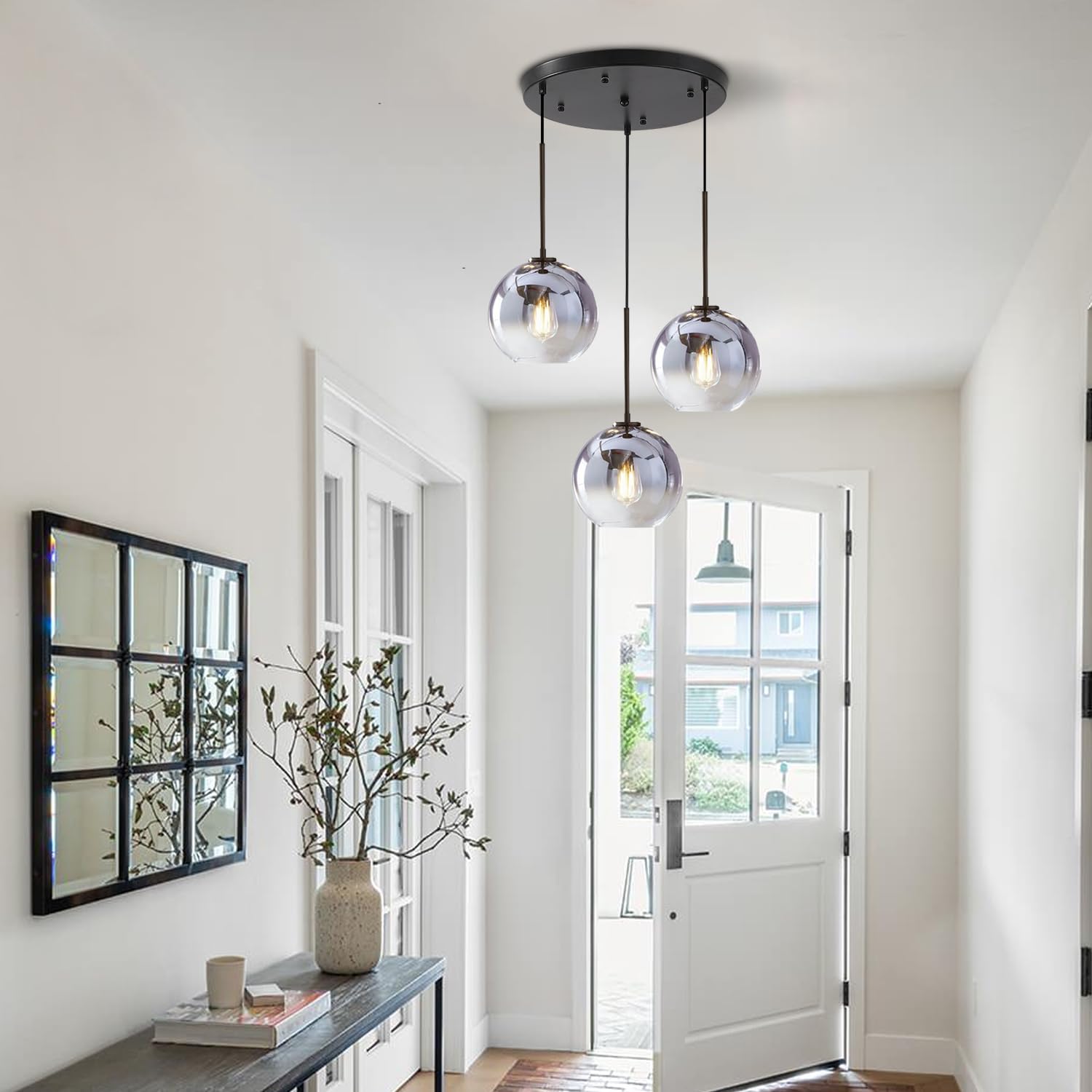 KCO Lighting 3-Pendant Modern Ceiling Chandelier - Large Glass Cluster Fixture with Nordic Mercury Glass Design | Perfect for Dining Room, Living Room & Bedroom Lighting