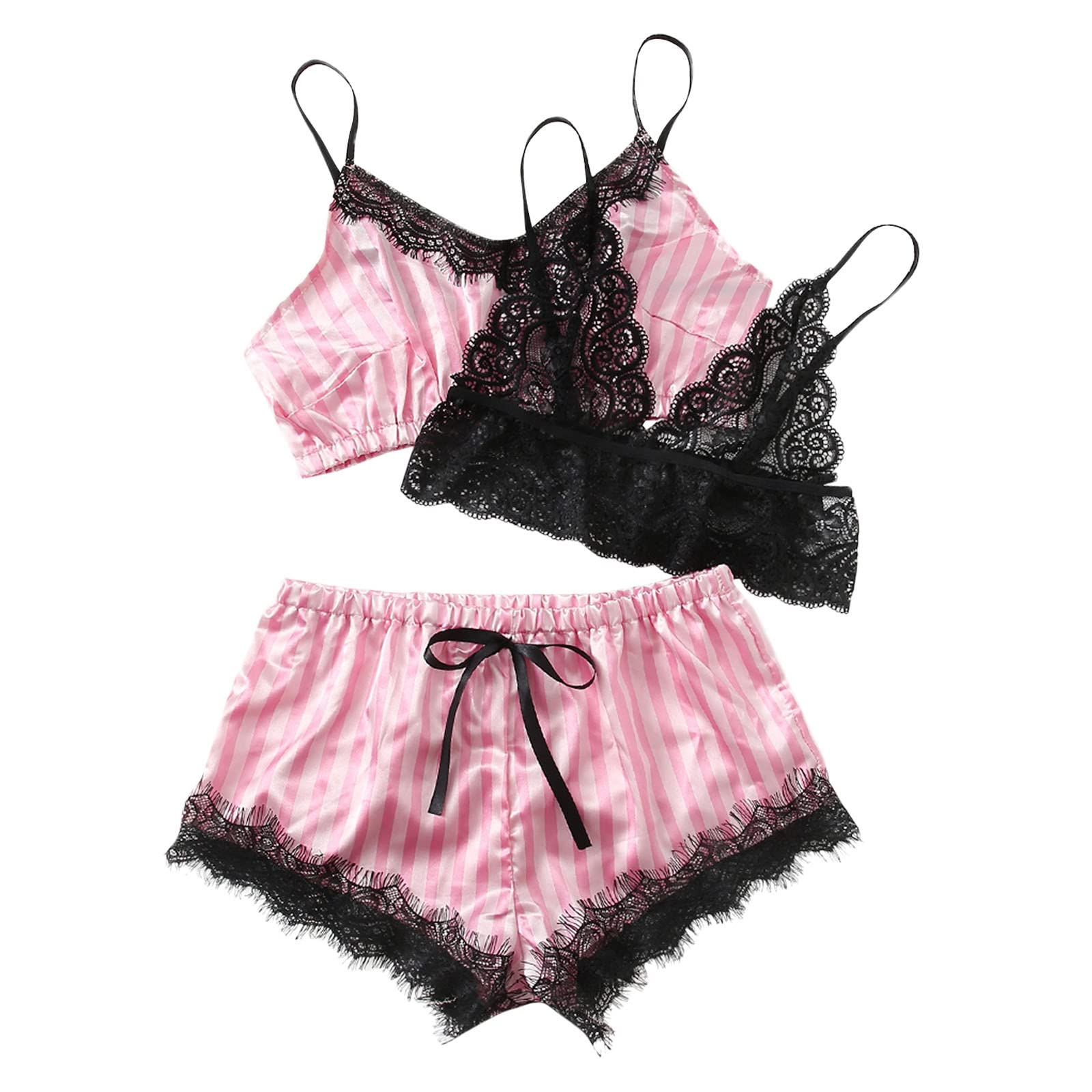 3-Piece Women's Lace Bra Camisole Pajama Set with Shorts - Sexy Lingerie & Corset Sleepwear for Comfortable Nights & Romantic Occasions