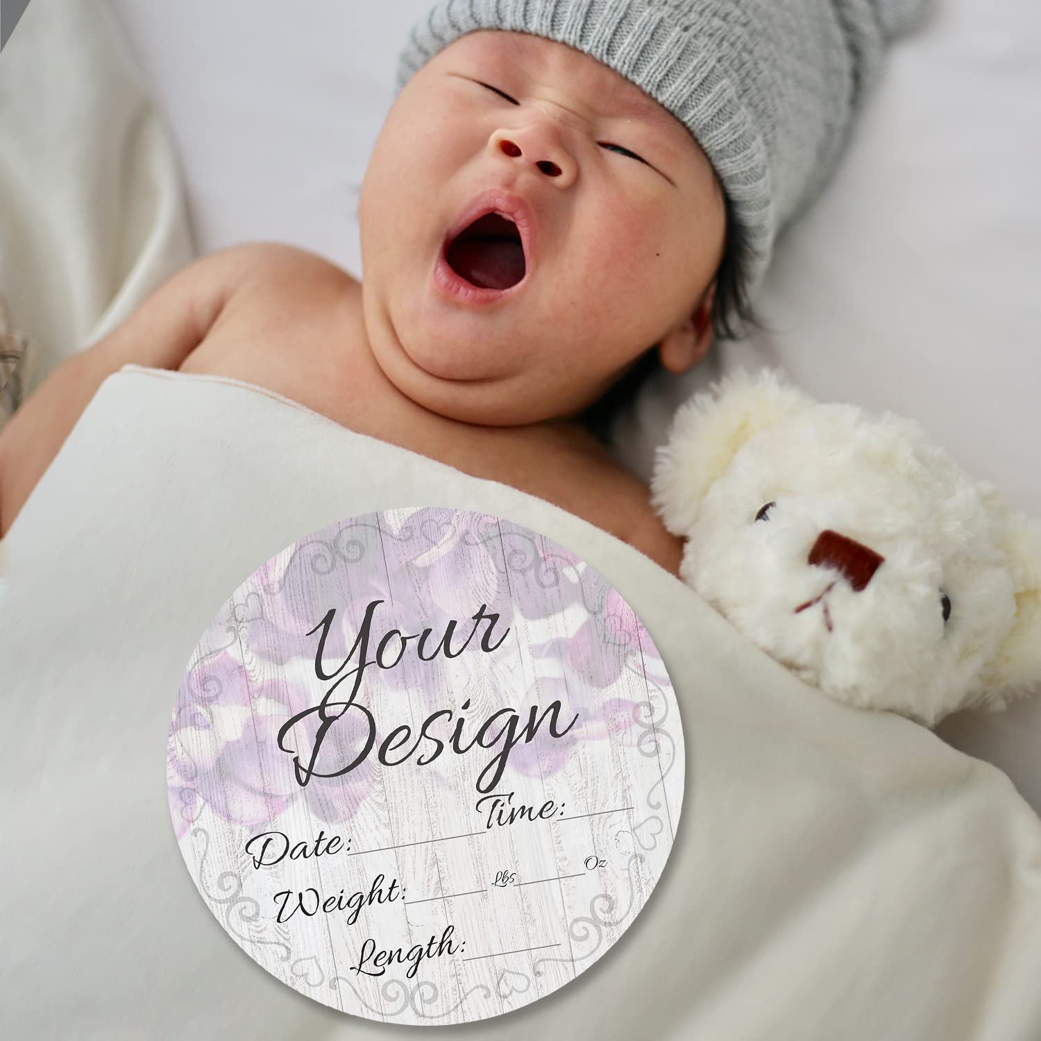 Personalized Baby Newborn Announcement Sign - Custom Name & Gender Reveal for Nursery, Girl Boy Neutral Wall Decor - Perfect for Hello World Hospital Photography & Baby Shower Gifts (Purple Flowers Design)