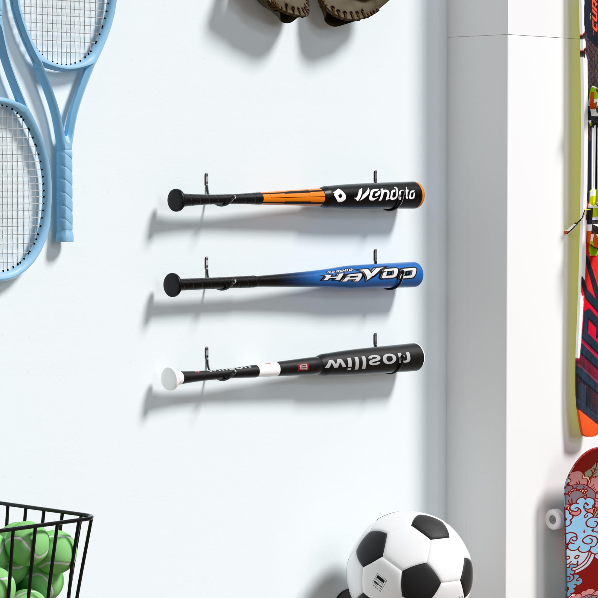 Black Iron Baseball Bat Holder Wall Mount - Heavy Duty Softball Bat Display Rack & Storage Case with Hanging Hooks | Perfect for Living Room, Bedroom, Entryway, Garage Organization & Sports Decor