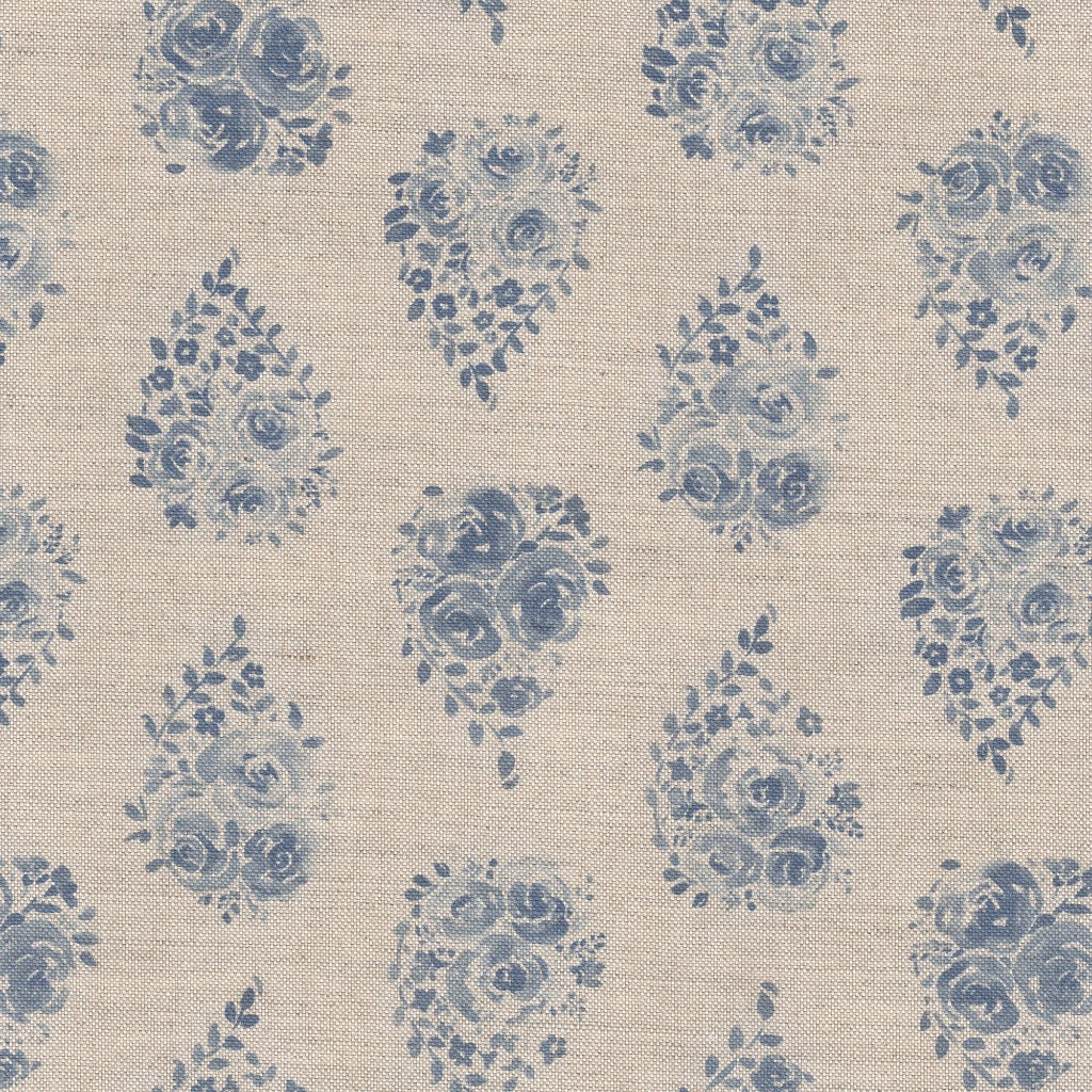 Vintage Country Blue Rose Drop Fabric on Natural - Soft Floral Cotton Material for Quilting, Dressmaking & Home Decor