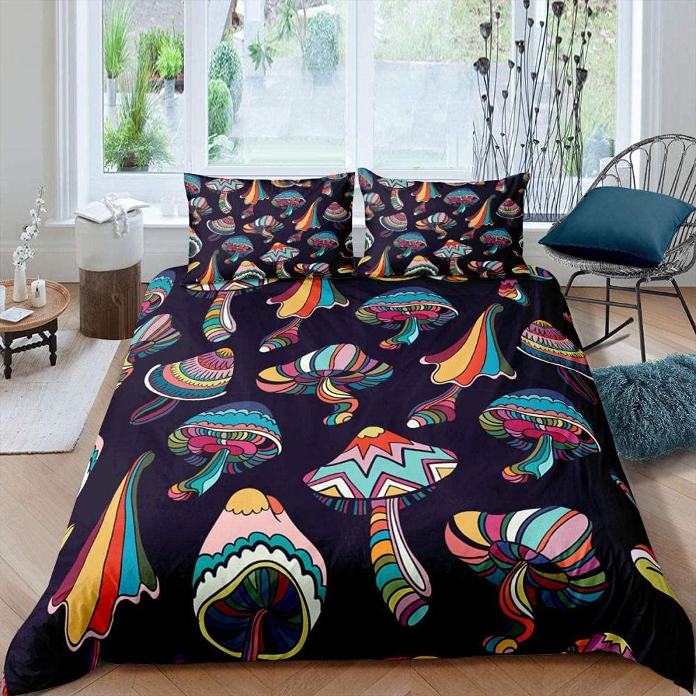 Trippy Swirls Cartoon Mushroom Comforter Set - King, Queen, Twin, Full Size Duvet Cover for Girls & Boys - Rainbow Natural Garden Theme 3-Piece Bedding Set with Pillowcases - Perfect for Kids' Rooms, Dorm Decor, and Boho Chic Bedrooms