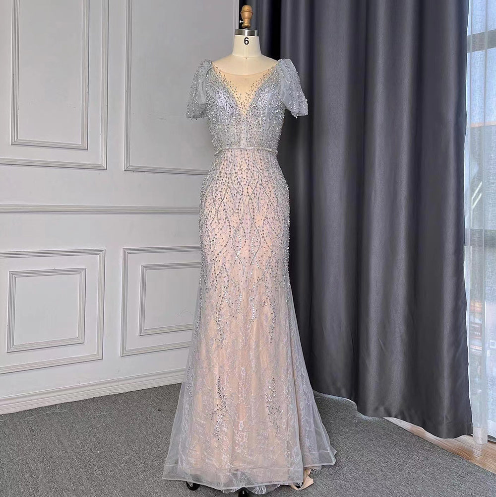 Serene Hill Grey Mermaid Elegant Evening Dresses 2025 Luxury Beaded V-Neck Short Party Dresses for Women - Perfect for Prom, Cocktail Parties & Special Occasions