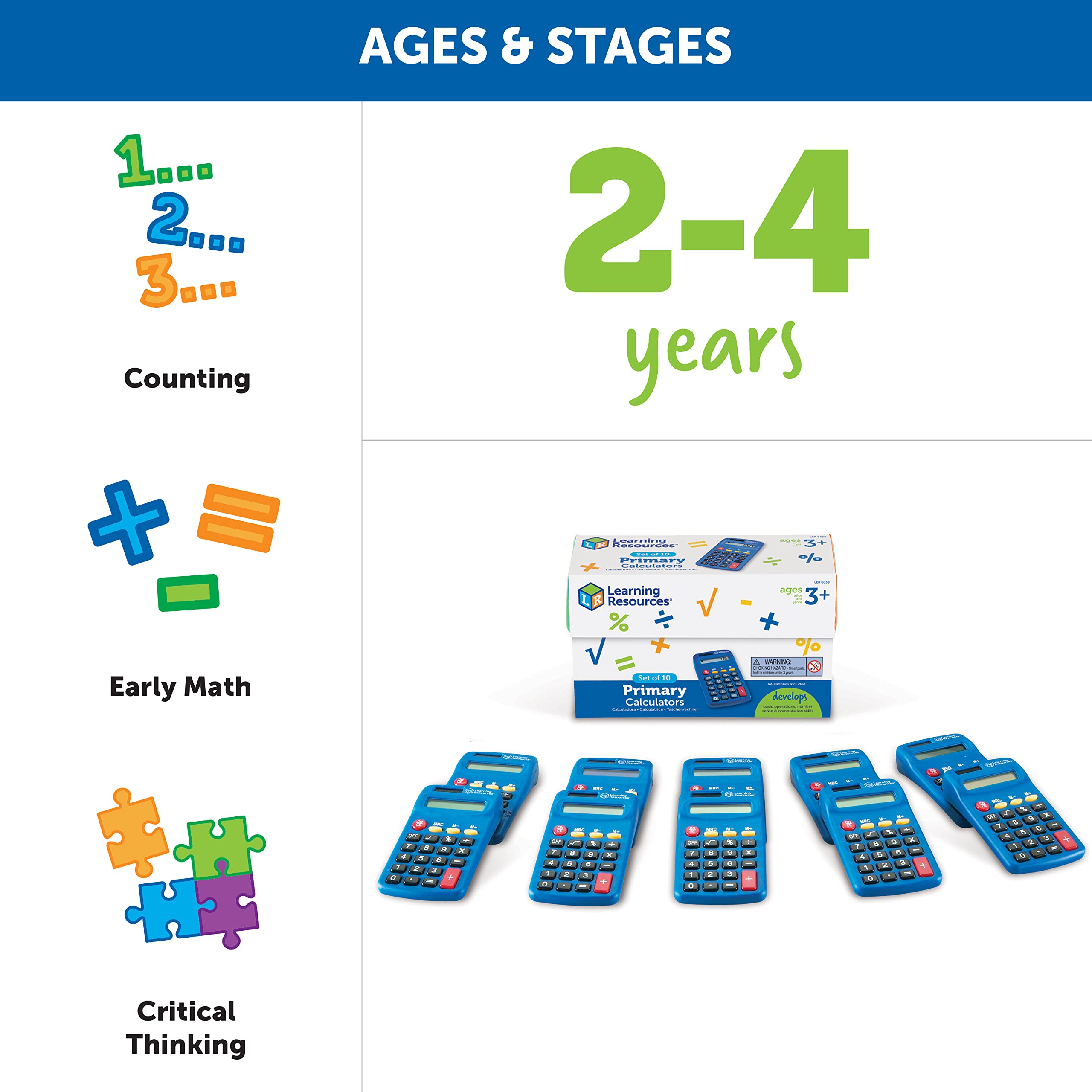 Learning Resources Primary Calculator - 10 Pack Solar Powered Basic Calculators for Kids Ages 3+, Teacher & Classroom Supplies, Back to School Essentials - Perfect for Math Practice, Homework Help & Early Learning Activities