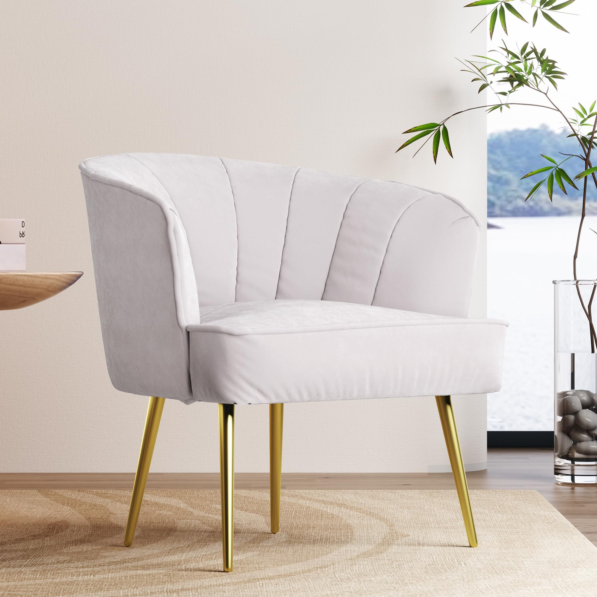 Modern Velvet Lounge Chair with Golden Metal Legs - Stylish Side Chair for Living Room, Bedroom, Home Office & Dressing Room - White Velvet Accent Chair - Perfect for Relaxing, Reading & Home Decor