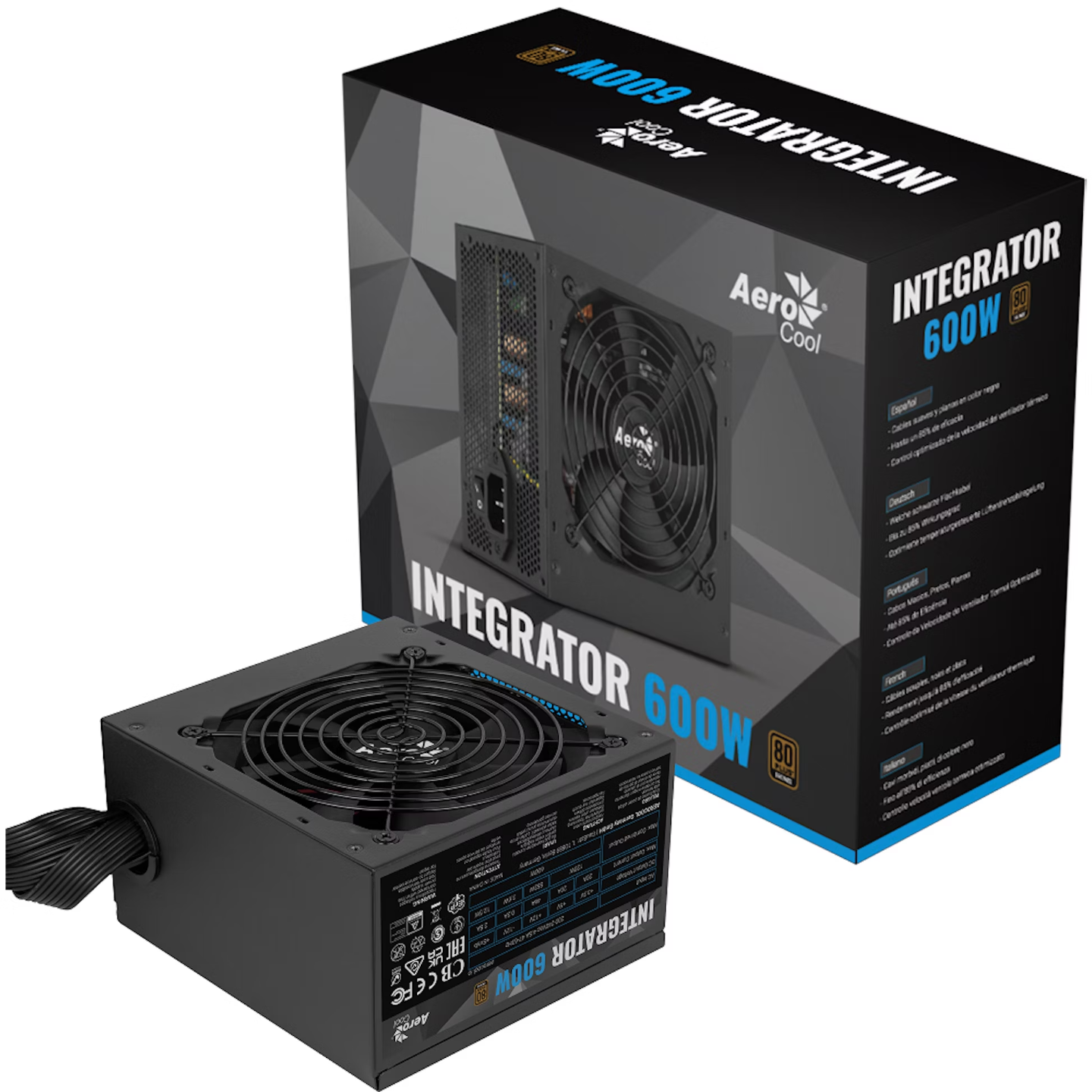 Aerocool Integrator 600W 80 Plus Certified Power Supply Unit - 12cm Silent Fan, Black | High Performance PSU for Gaming PC, Workstation & Home Office Computers