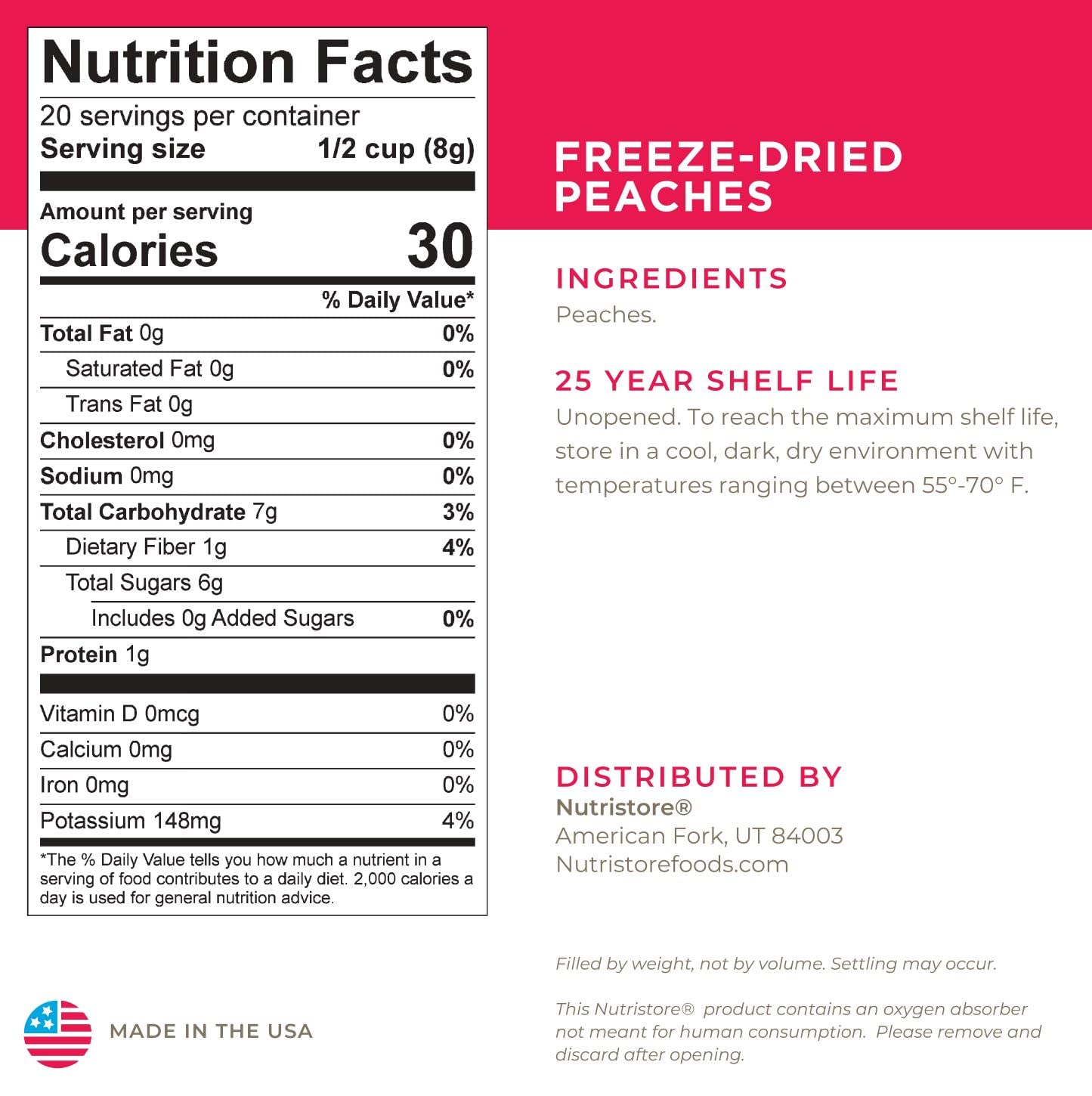 Nutristore Freeze Dried Peaches - 4 Pack (80 Servings, 22.4 OZ) | Long Shelf Life 25 Years | Healthy Snack for Hiking, Camping & Emergency Food Storage | Gluten-Free, Non-GMO, No Preservatives | Perfect for Backpacking, Road Trips & Survival Kits