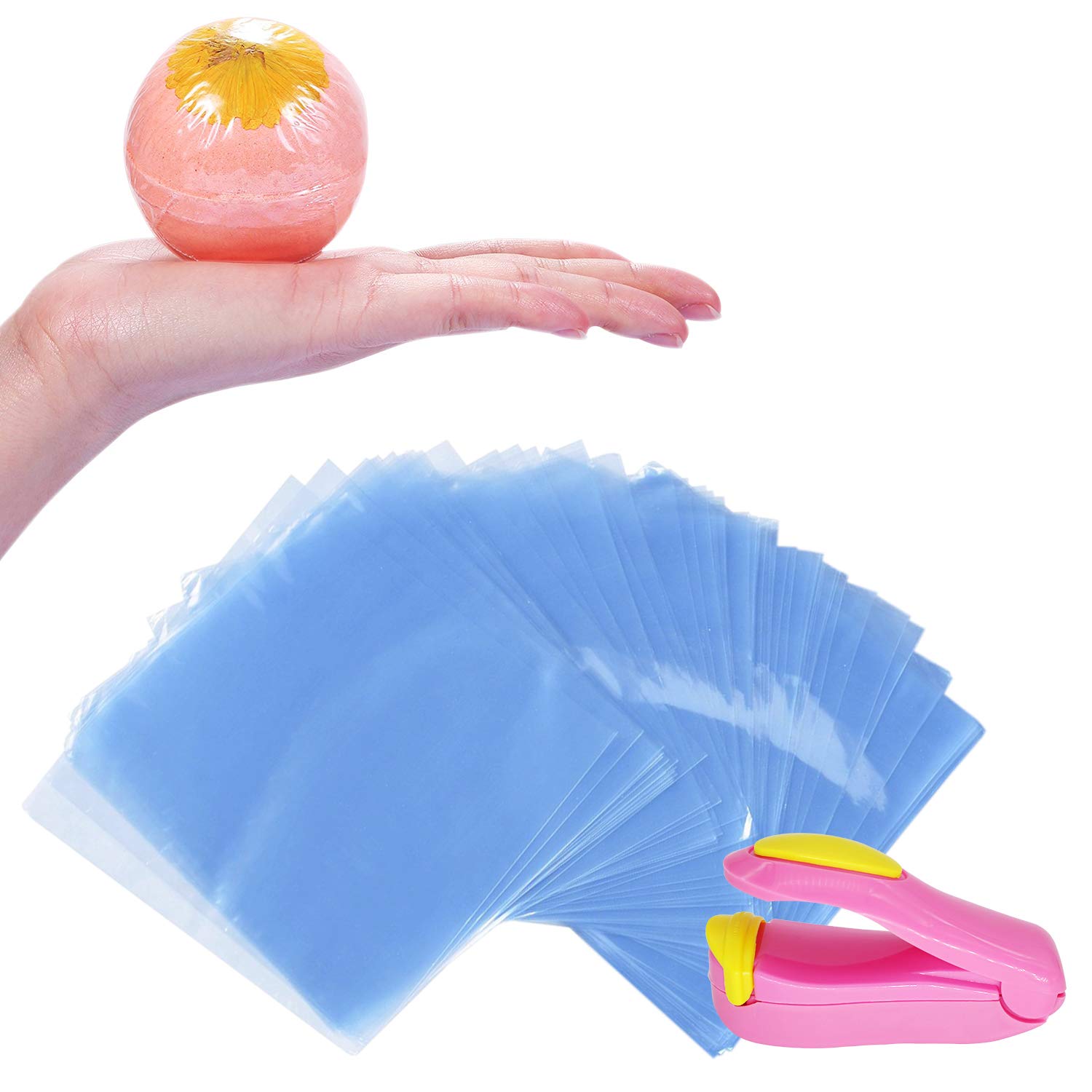 200-Pack 6x6 Inch Shrink Wrap Bags with Mini Heat Sealer - Perfect for Bath Bombs, Handmade Soaps, Candles & DIY Crafts - Ideal for Gift Wrapping, Party Favors & Small Business Packaging